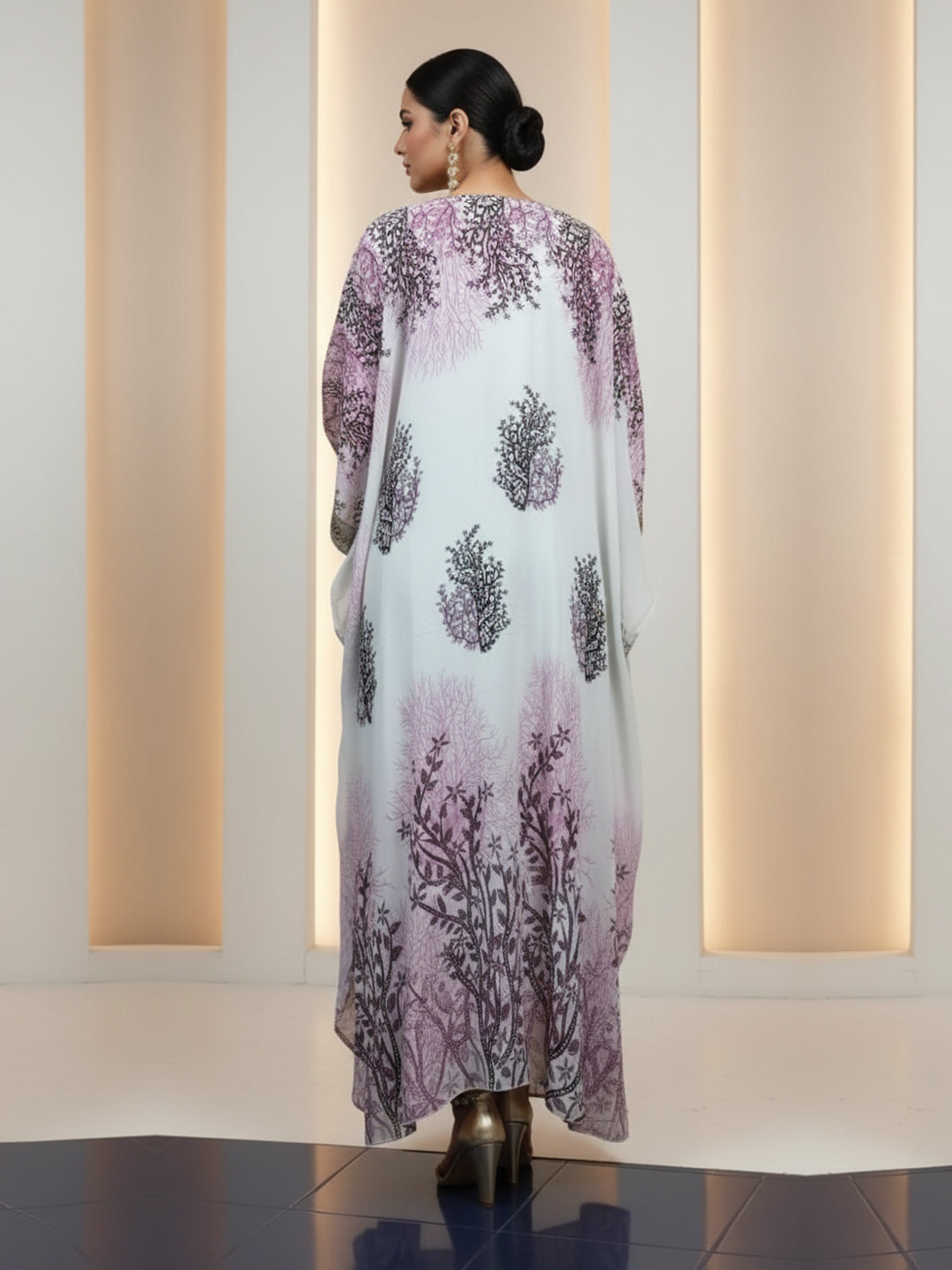 Hand Embroidered Chikankari Chiffon Kaftan-AL3851A Burgundy