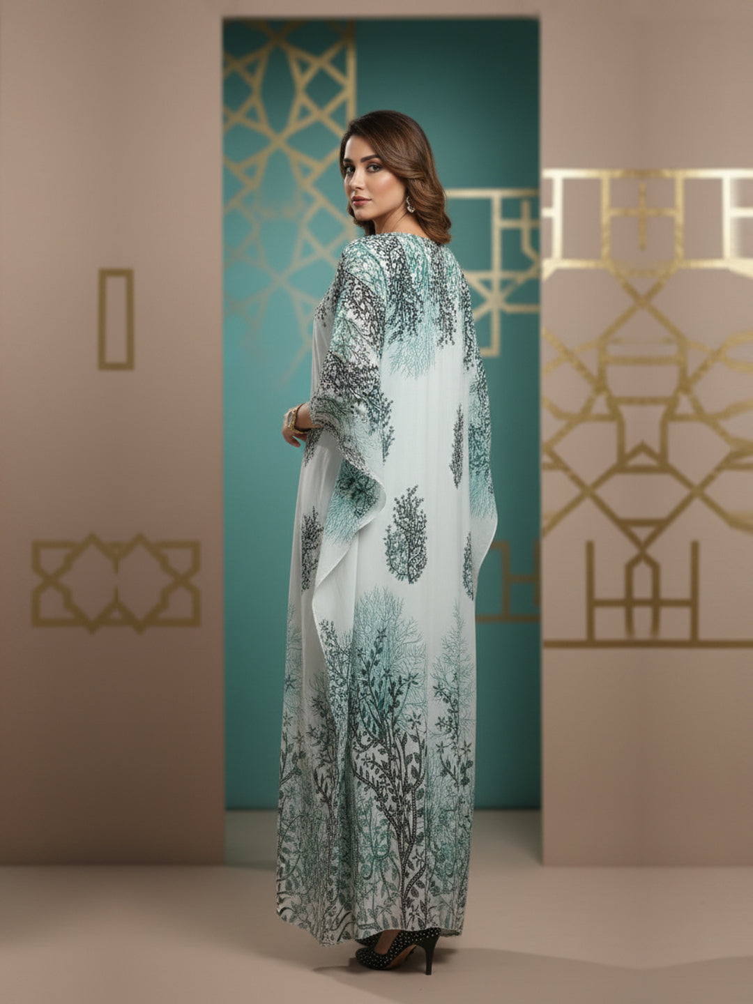 Hand Embroidered Chikankari Chiffon Kaftan-AL3851A Green