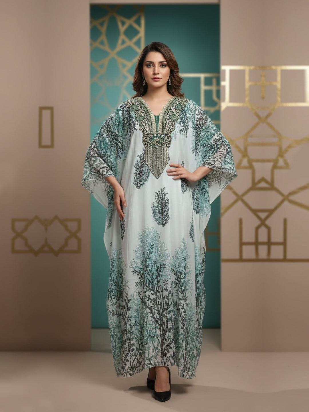 Hand Embroidered Chikankari Chiffon Kaftan-AL3851A Green