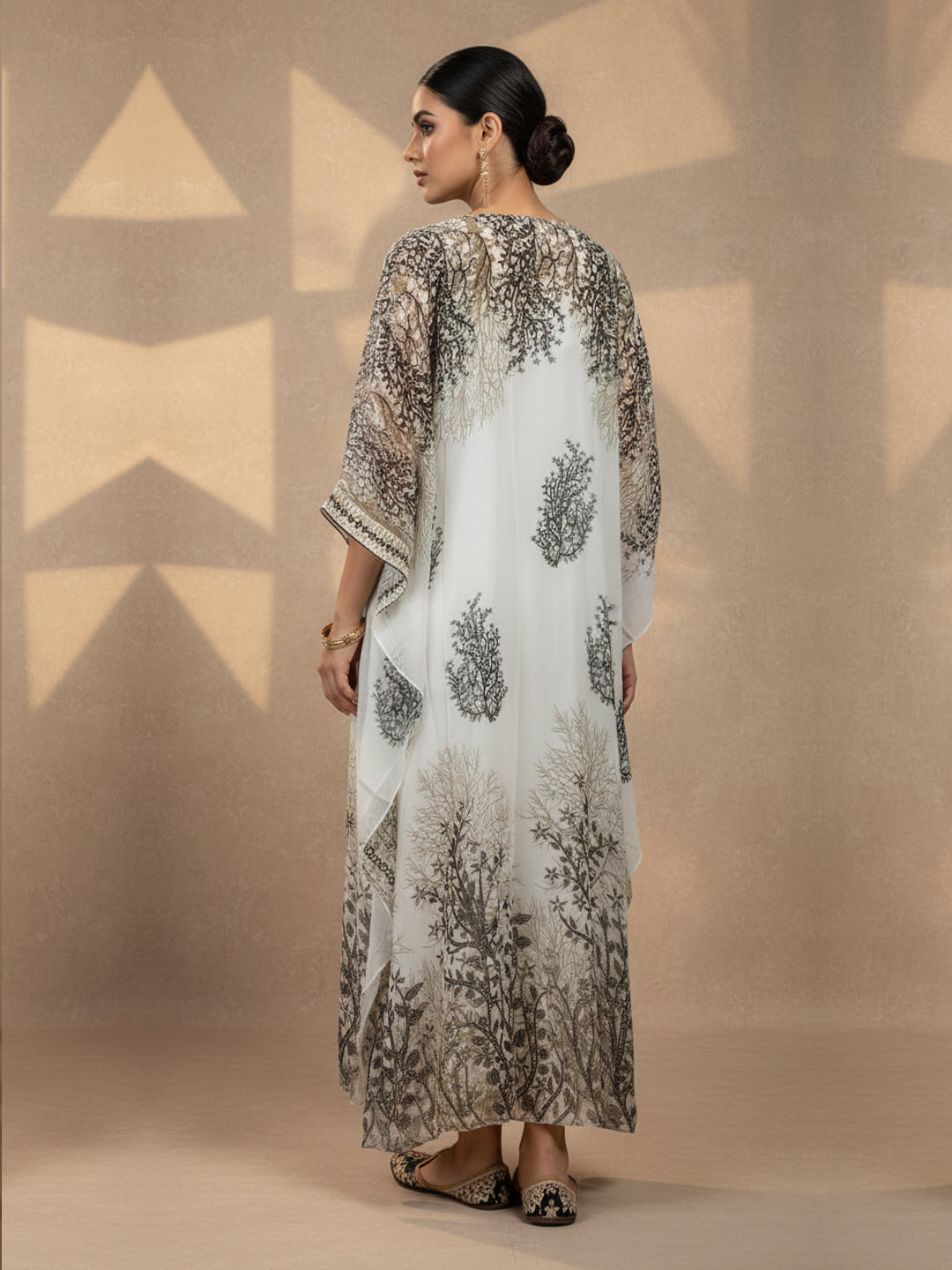 Hand Embroidered Chikankari Chiffon Kaftan-AL3851A Olive