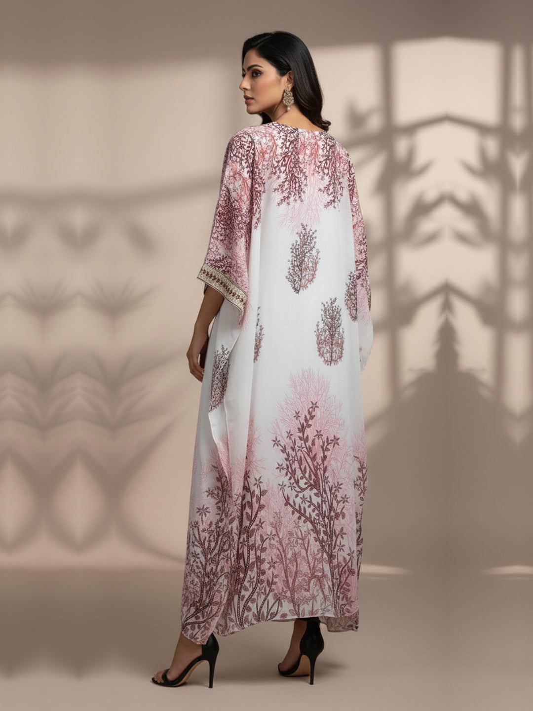 Hand Embroidered Chikankari Chiffon Kaftan-AL3851A Pink