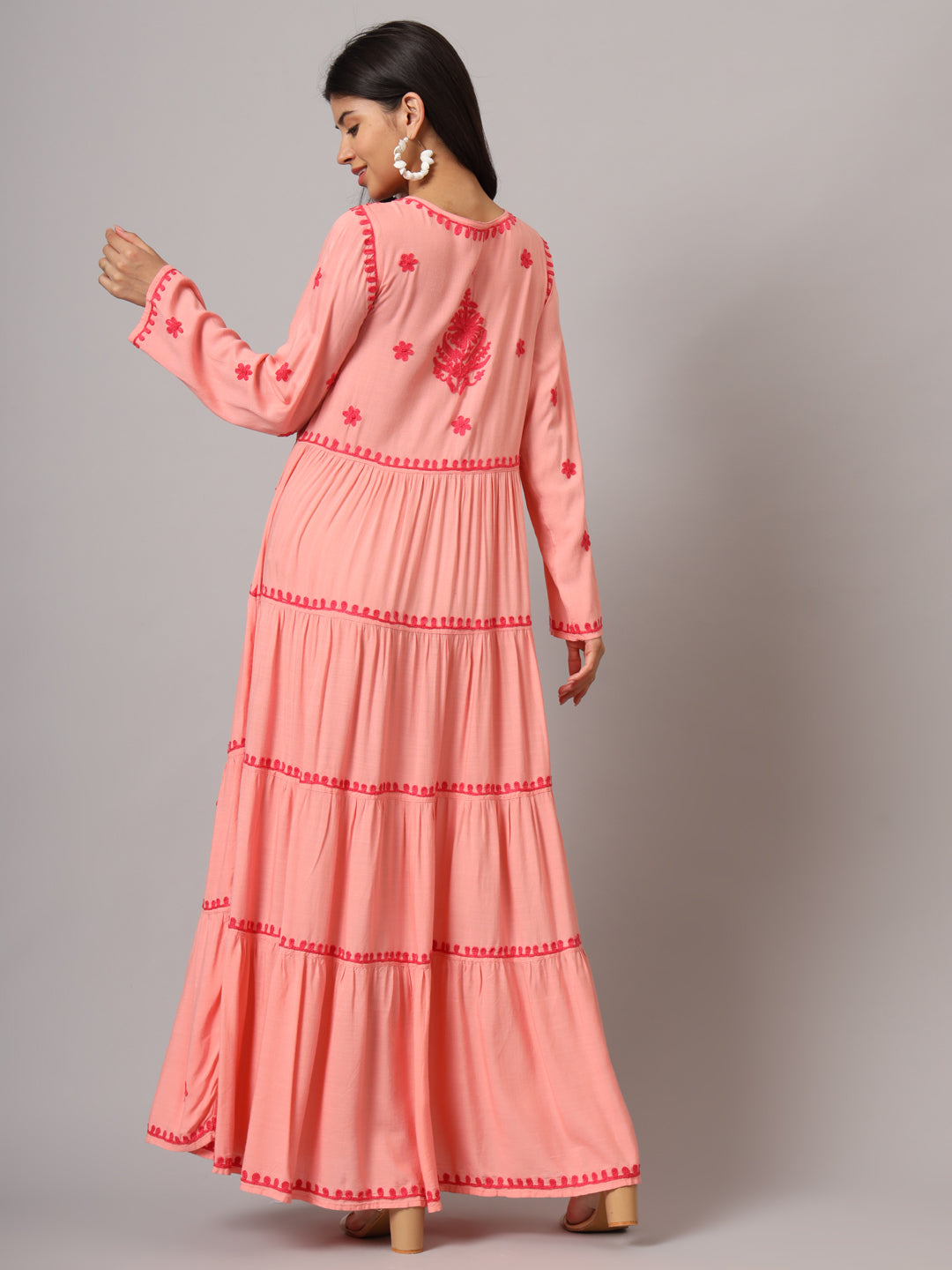 Hand Embroidered Lucknowi Chikankari  Rayon Jalabiya-AL3935 Coral
