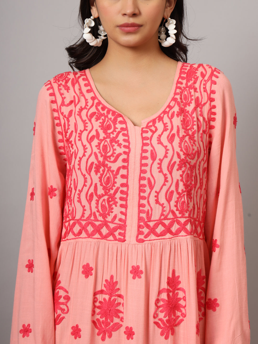 Hand Embroidered Lucknowi Chikankari  Rayon Jalabiya-AL3935 Coral