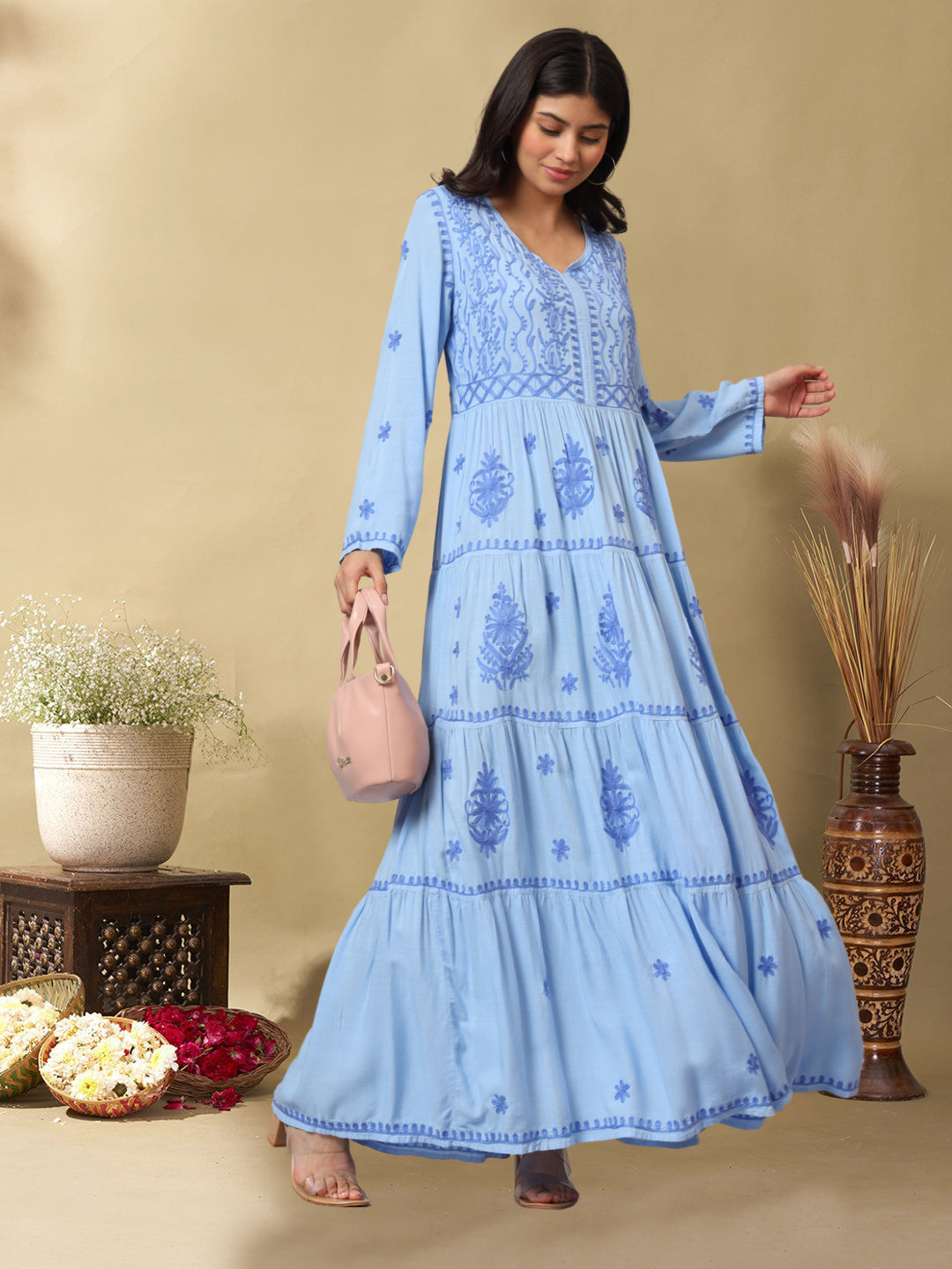 Hand Embroidered Lucknowi Chikankari  Rayon Jalabiya-AL3935 Denimblue