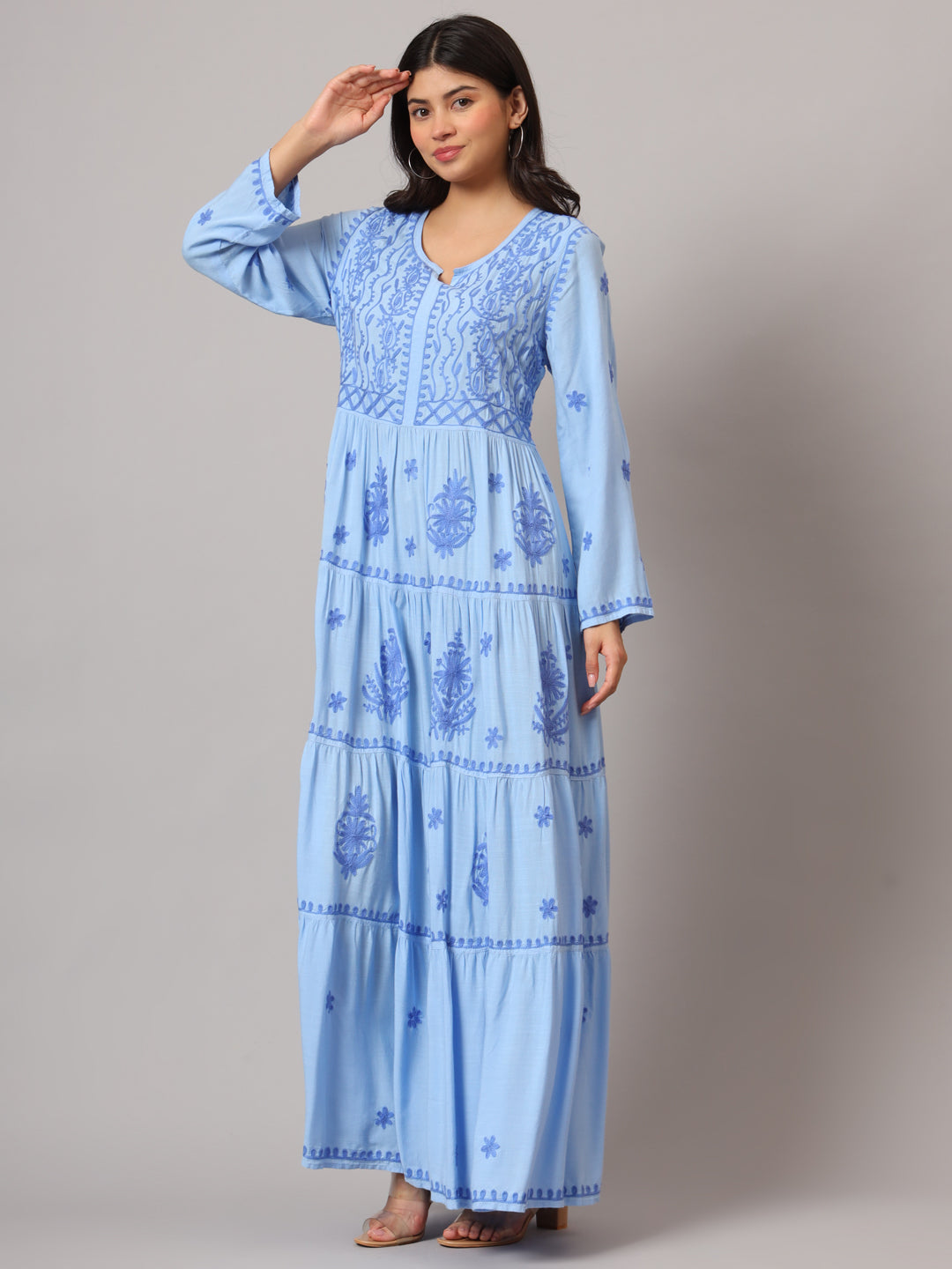 Hand Embroidered Lucknowi Chikankari  Rayon Jalabiya-AL3935 Denimblue