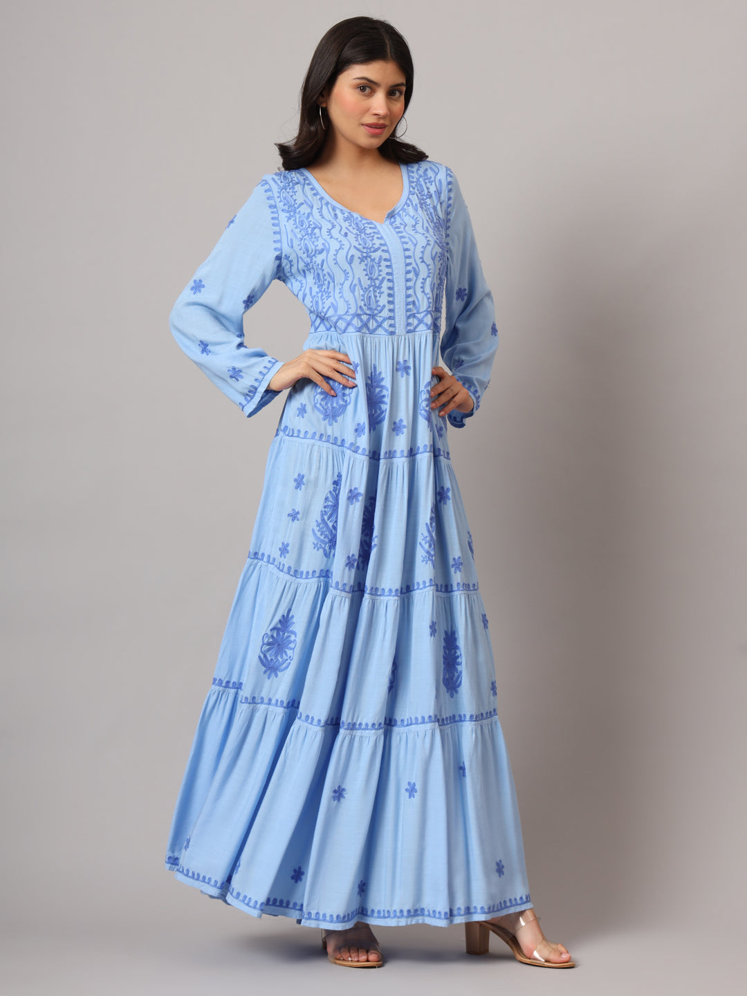 Hand Embroidered Lucknowi Chikankari  Rayon Jalabiya-AL3935 Denimblue
