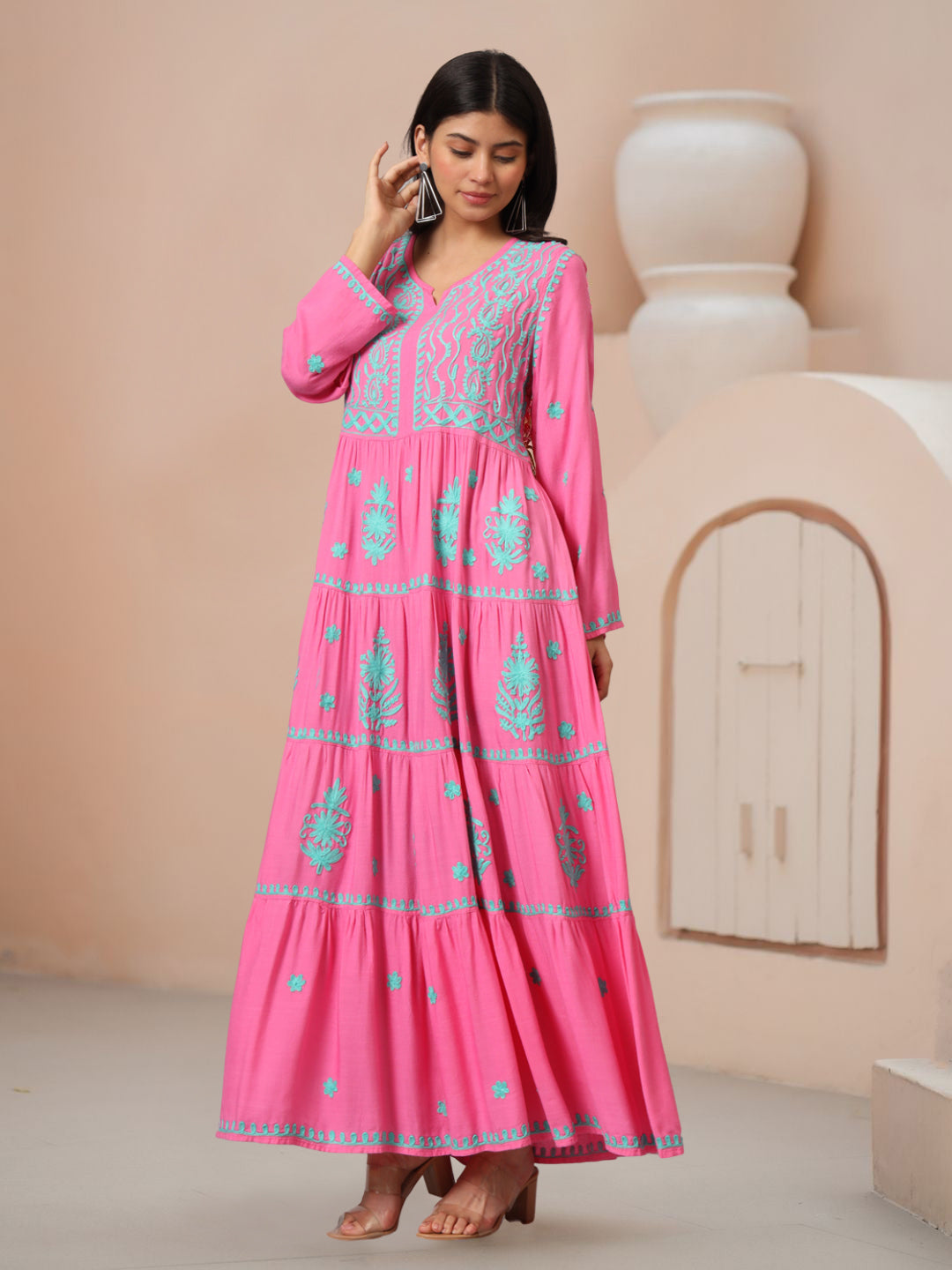 Hand Embroidered Lucknowi Chikankari  Rayon Jalabiya-AL3935 Magenta
