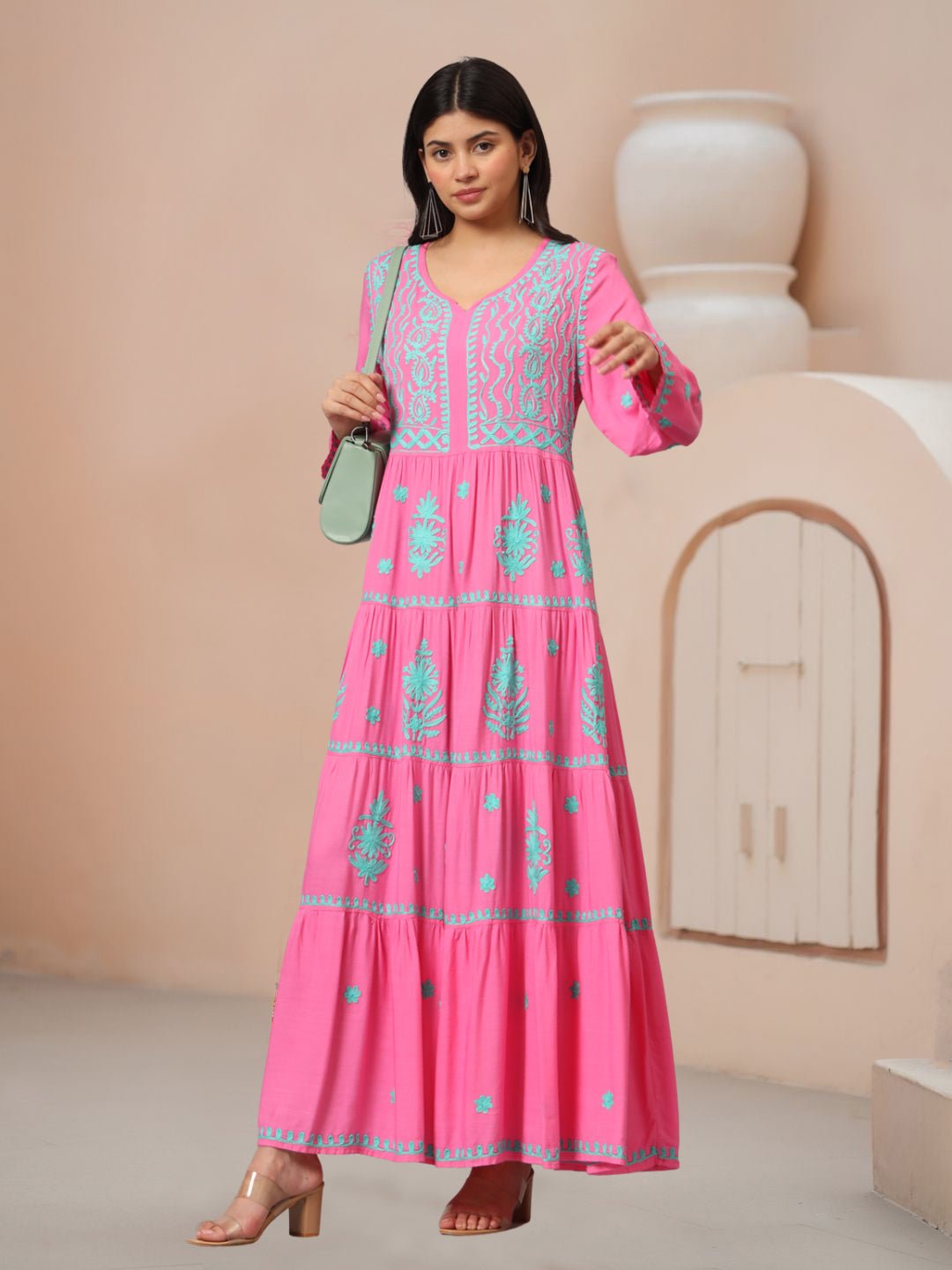 Hand Embroidered Lucknowi Chikankari  Rayon Jalabiya-AL3935 Magenta