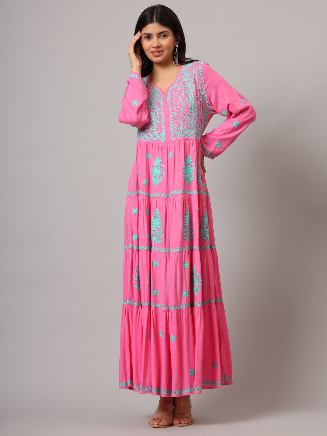 Hand Embroidered Lucknowi Chikankari  Rayon Jalabiya-AL3935 Magenta