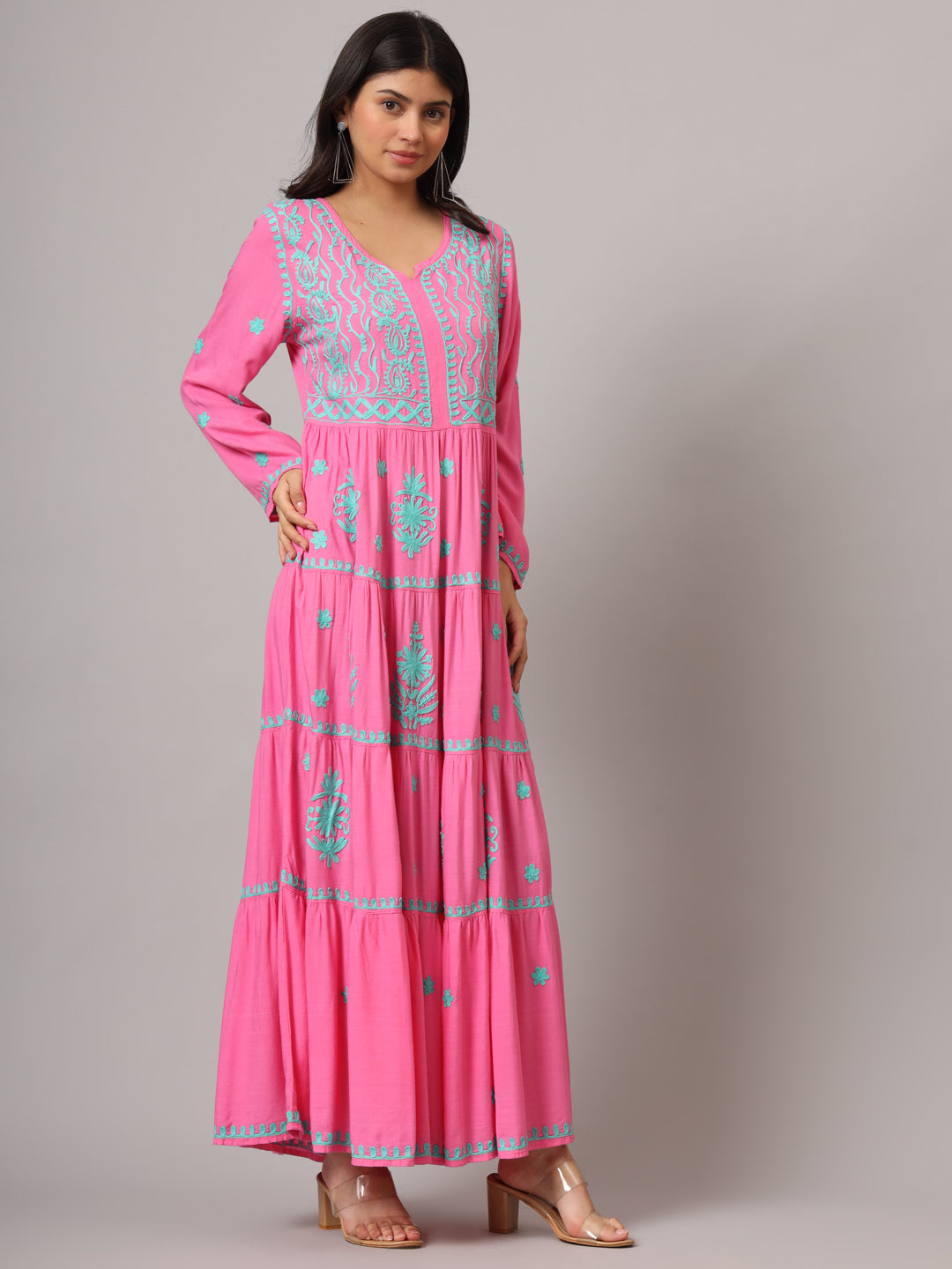 Hand Embroidered Lucknowi Chikankari  Rayon Jalabiya-AL3935 Magenta