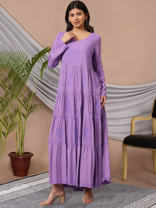 Hand Embroidered Lucknowi Chikankari  Rayon Jalabiya-AL3935 Mauve