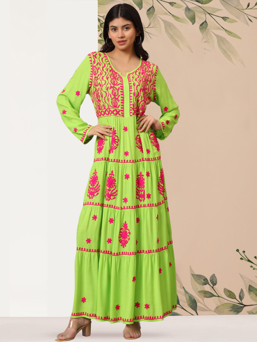 Hand Embroidered Lucknowi Chikankari  Rayon Jalabiya-AL3935 Parrotgreen