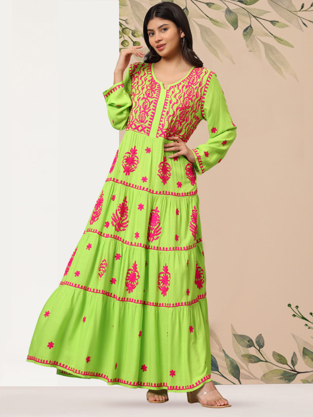 Hand Embroidered Lucknowi Chikankari  Rayon Jalabiya-AL3935 Parrotgreen