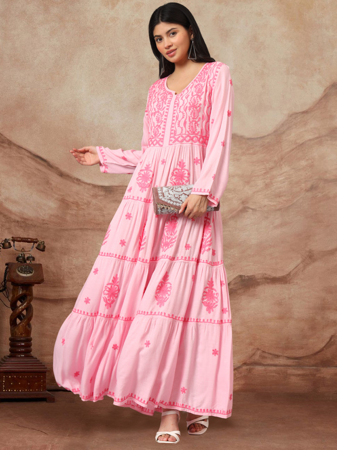 Hand Embroidered Lucknowi Chikankari  Rayon Jalabiya-AL3935 Pink