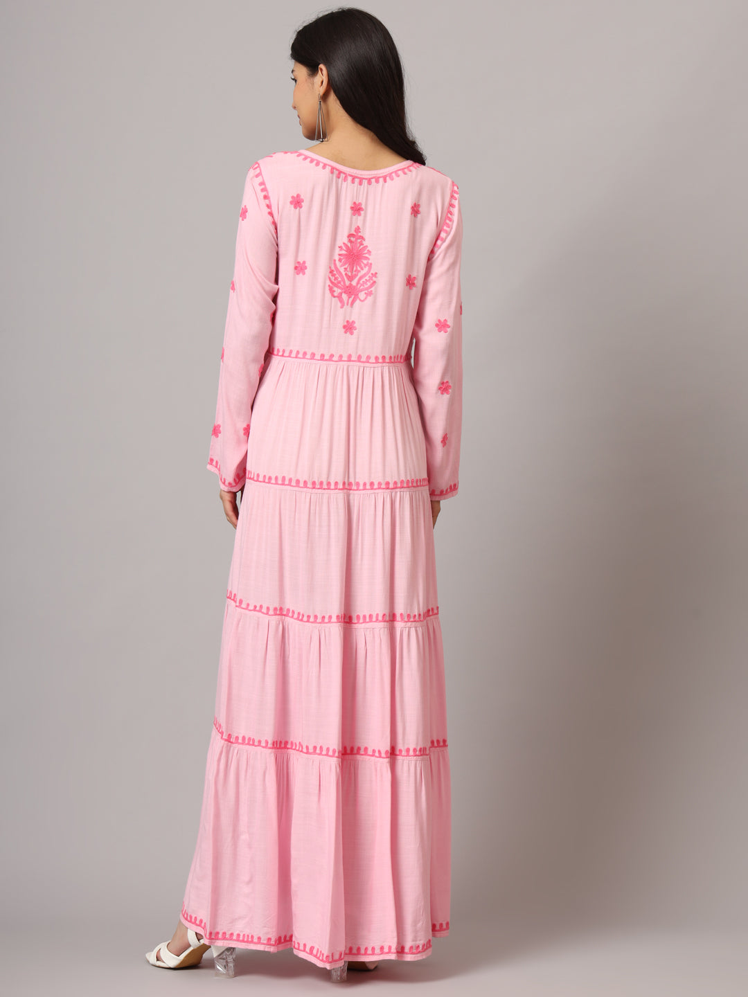 Hand Embroidered Lucknowi Chikankari  Rayon Jalabiya-AL3935 Pink