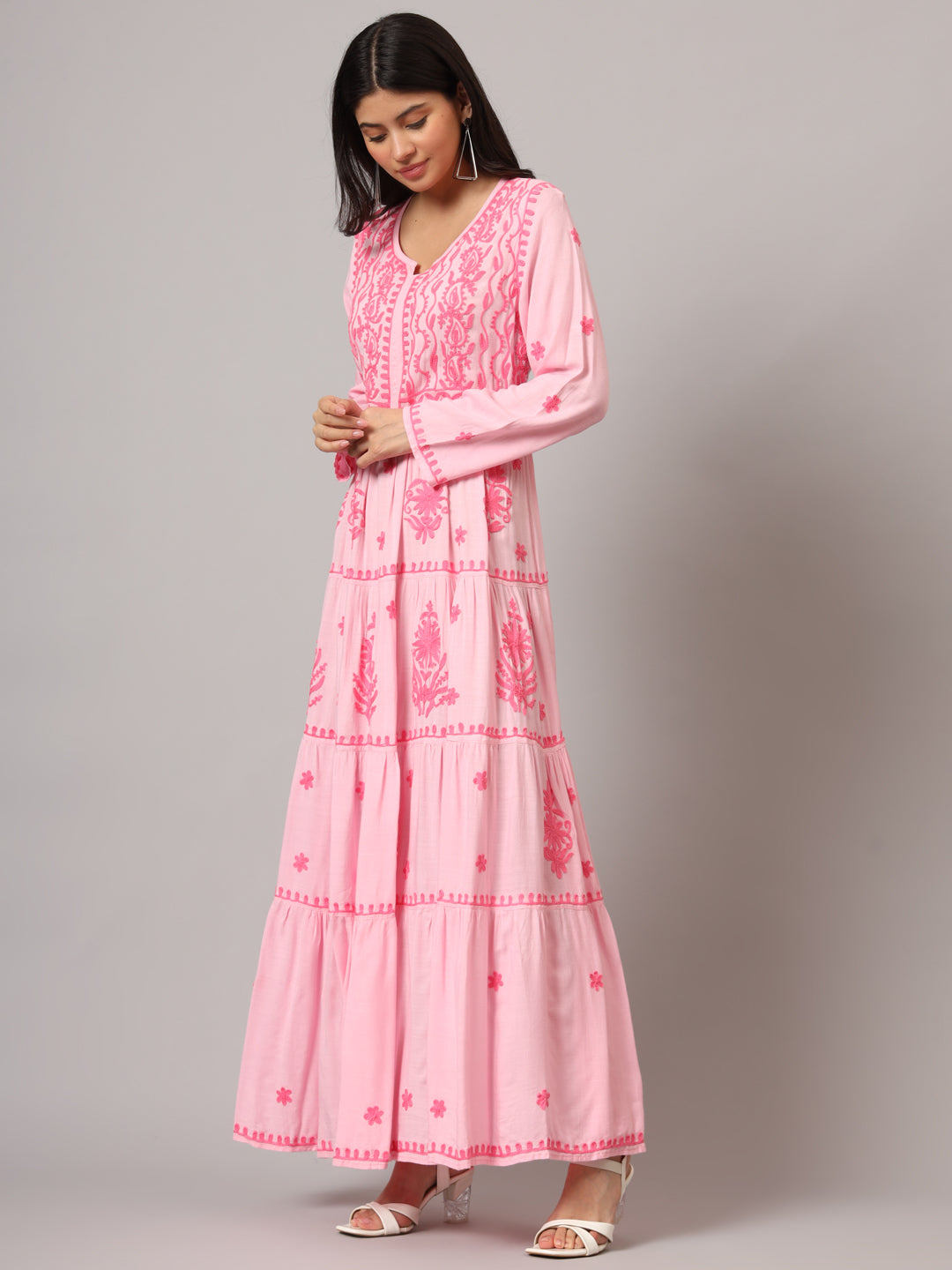 Hand Embroidered Lucknowi Chikankari  Rayon Jalabiya-AL3935 Pink