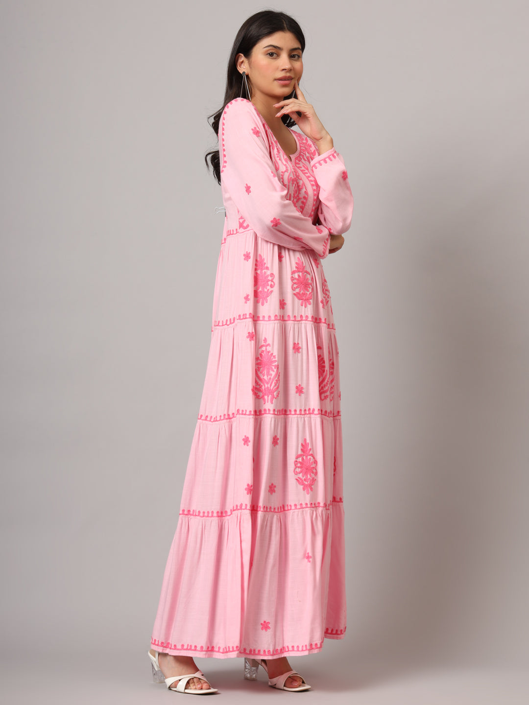 Hand Embroidered Lucknowi Chikankari  Rayon Jalabiya-AL3935 Pink