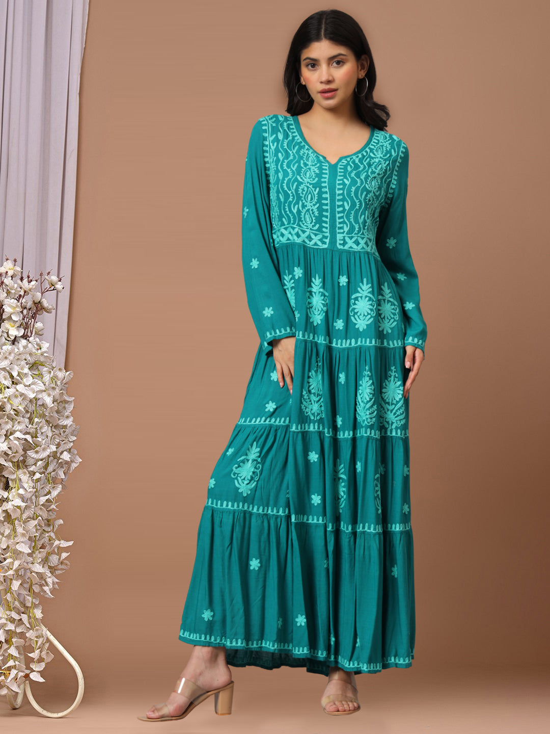 Hand Embroidered Lucknowi Chikankari  Rayon Jalabiya-AL3935 Ramagreen