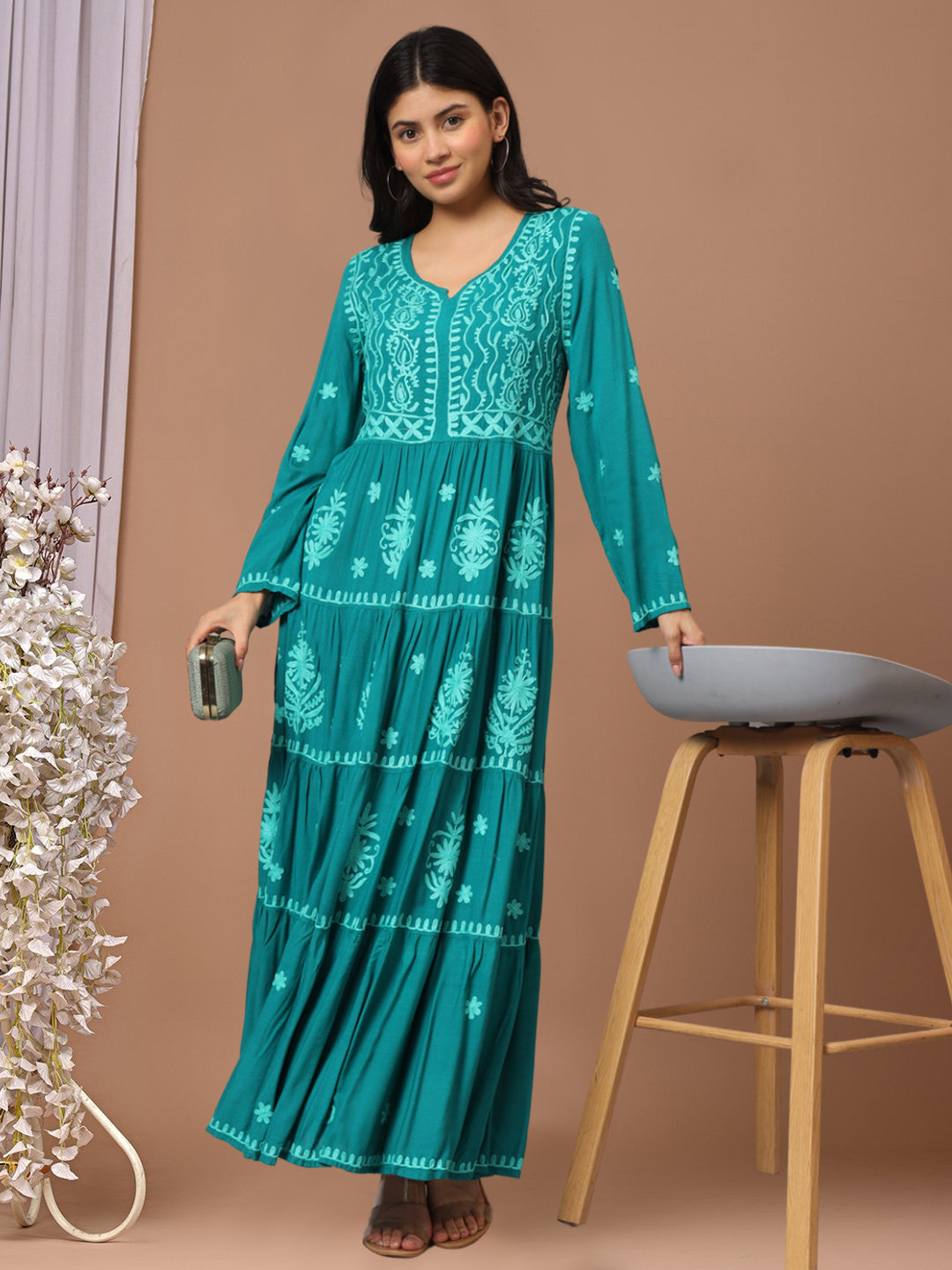 Hand Embroidered Lucknowi Chikankari  Rayon Jalabiya-AL3935 Ramagreen