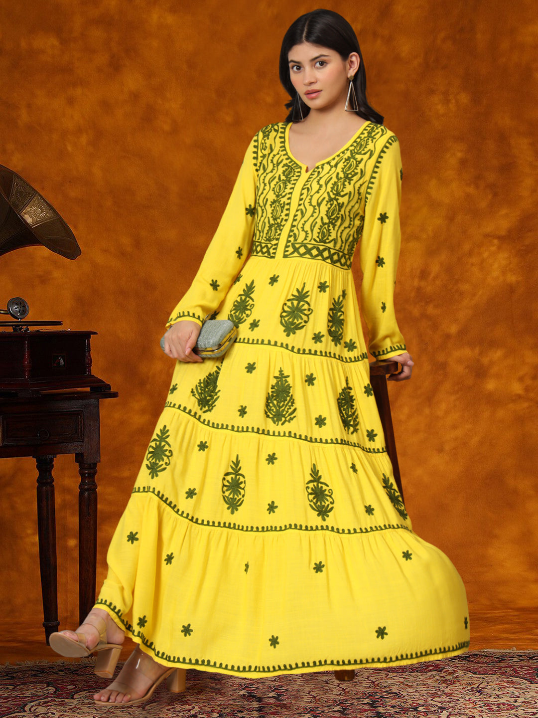 Hand Embroidered Lucknowi Chikankari  Rayon Jalabiya-AL3935 Yellow