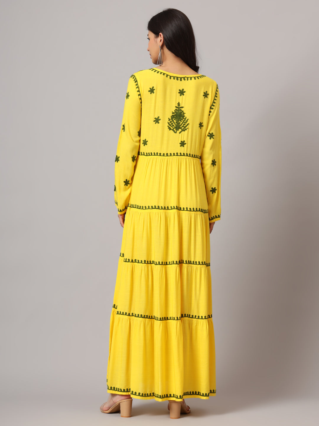 Hand Embroidered Lucknowi Chikankari  Rayon Jalabiya-AL3935 Yellow