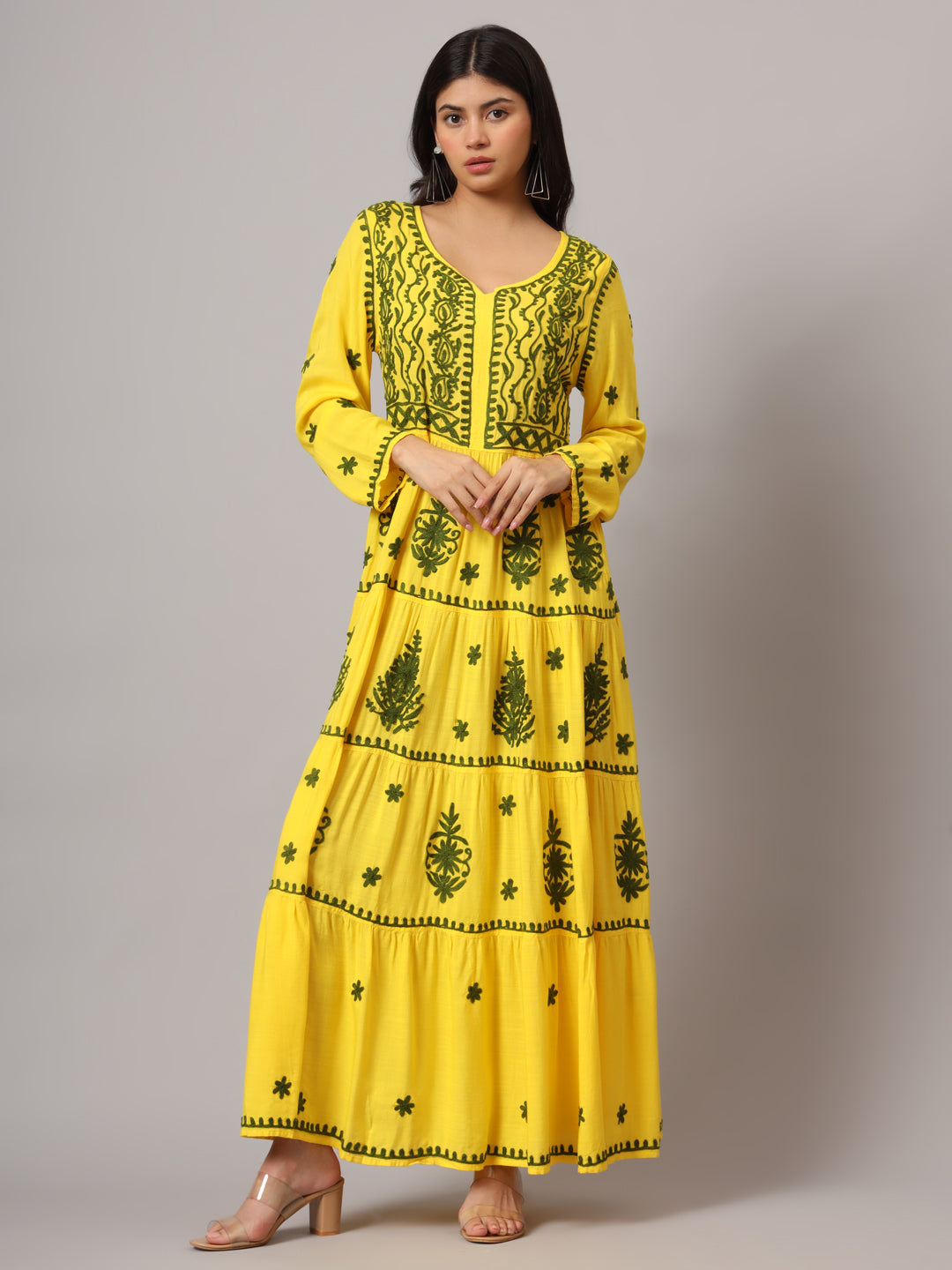 Hand Embroidered Lucknowi Chikankari  Rayon Jalabiya-AL3935 Yellow