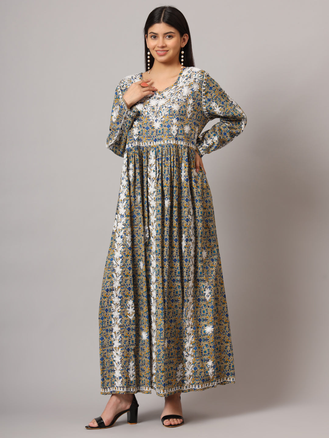 Hand Embroidered Lucknowi Chikankari  Printed Mulmul Cotton Jalabiya-AL3936 Beige & Blue
