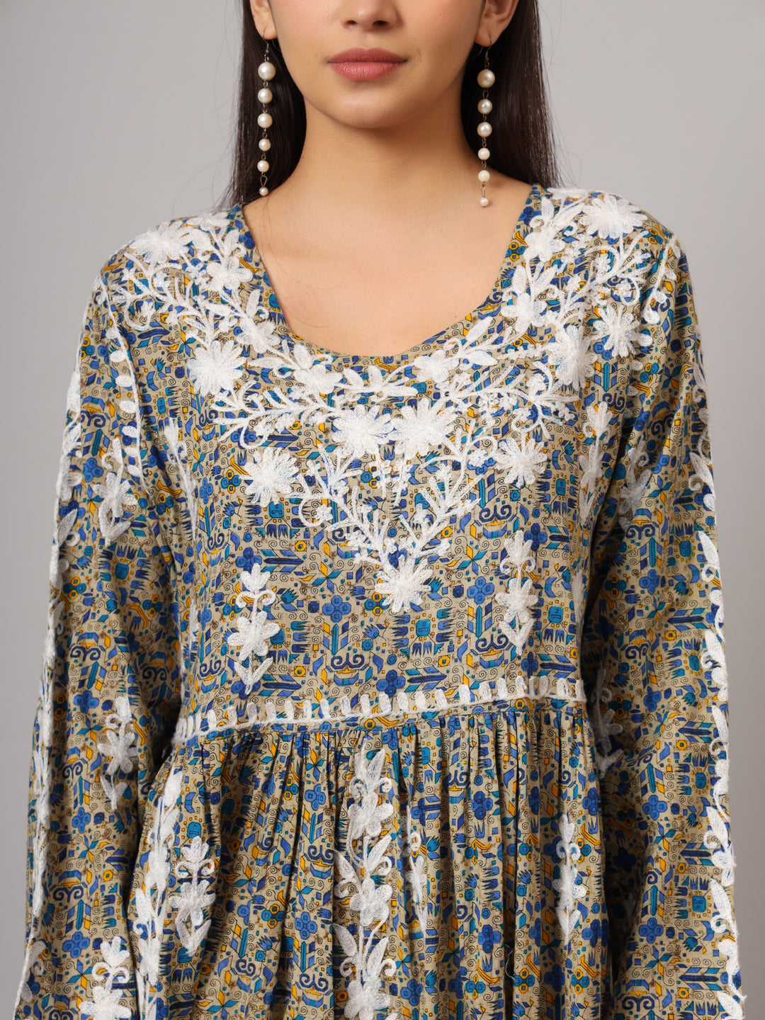 Hand Embroidered Lucknowi Chikankari  Printed Mulmul Cotton Jalabiya-AL3936 Beige & Blue