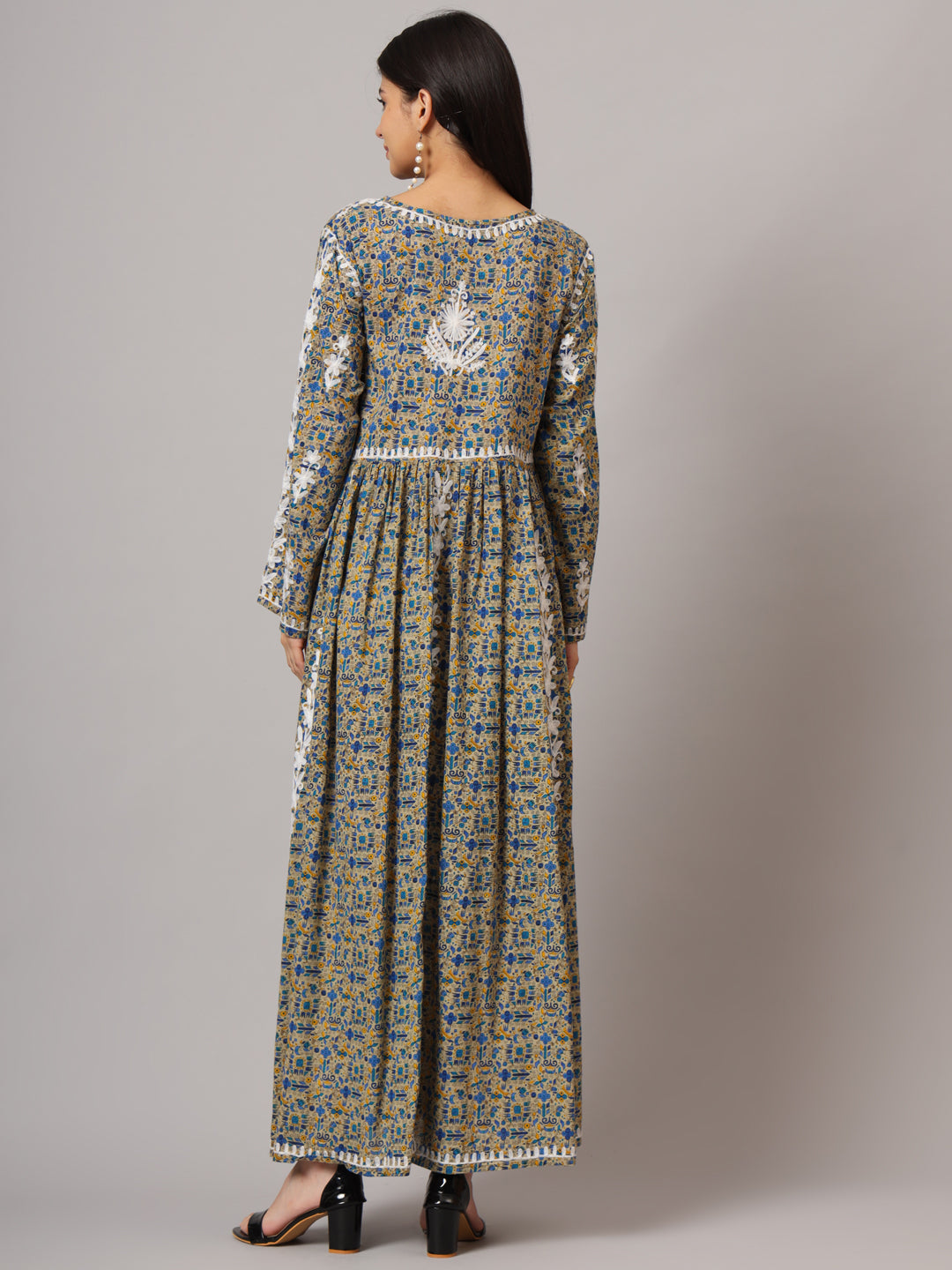 Hand Embroidered Lucknowi Chikankari  Printed Mulmul Cotton Jalabiya-AL3936 Beige & Blue