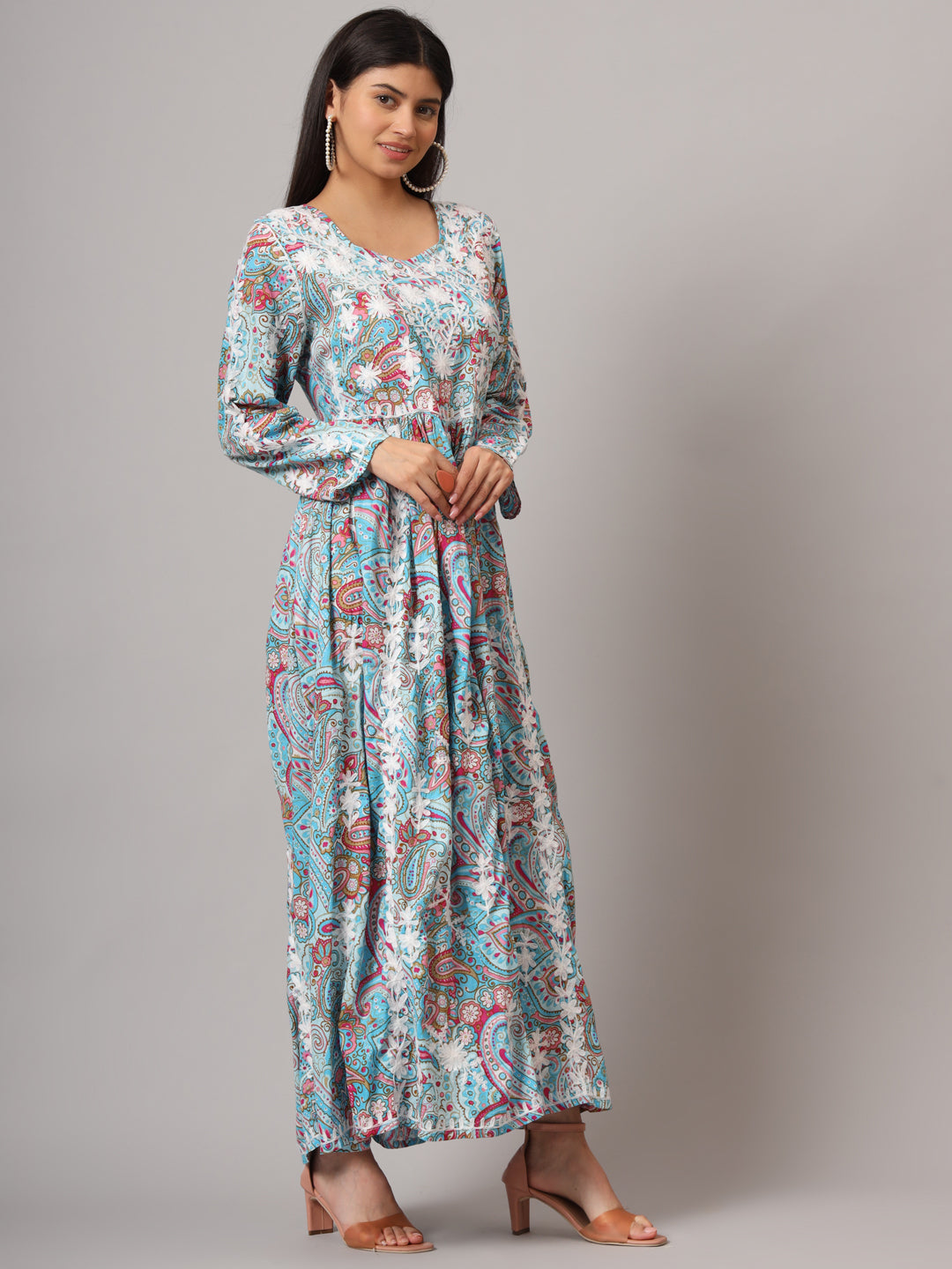 Hand Embroidered Lucknowi Chikankari  Printed Mulmul Cotton Jalabiya-AL3936 Blue & Pink