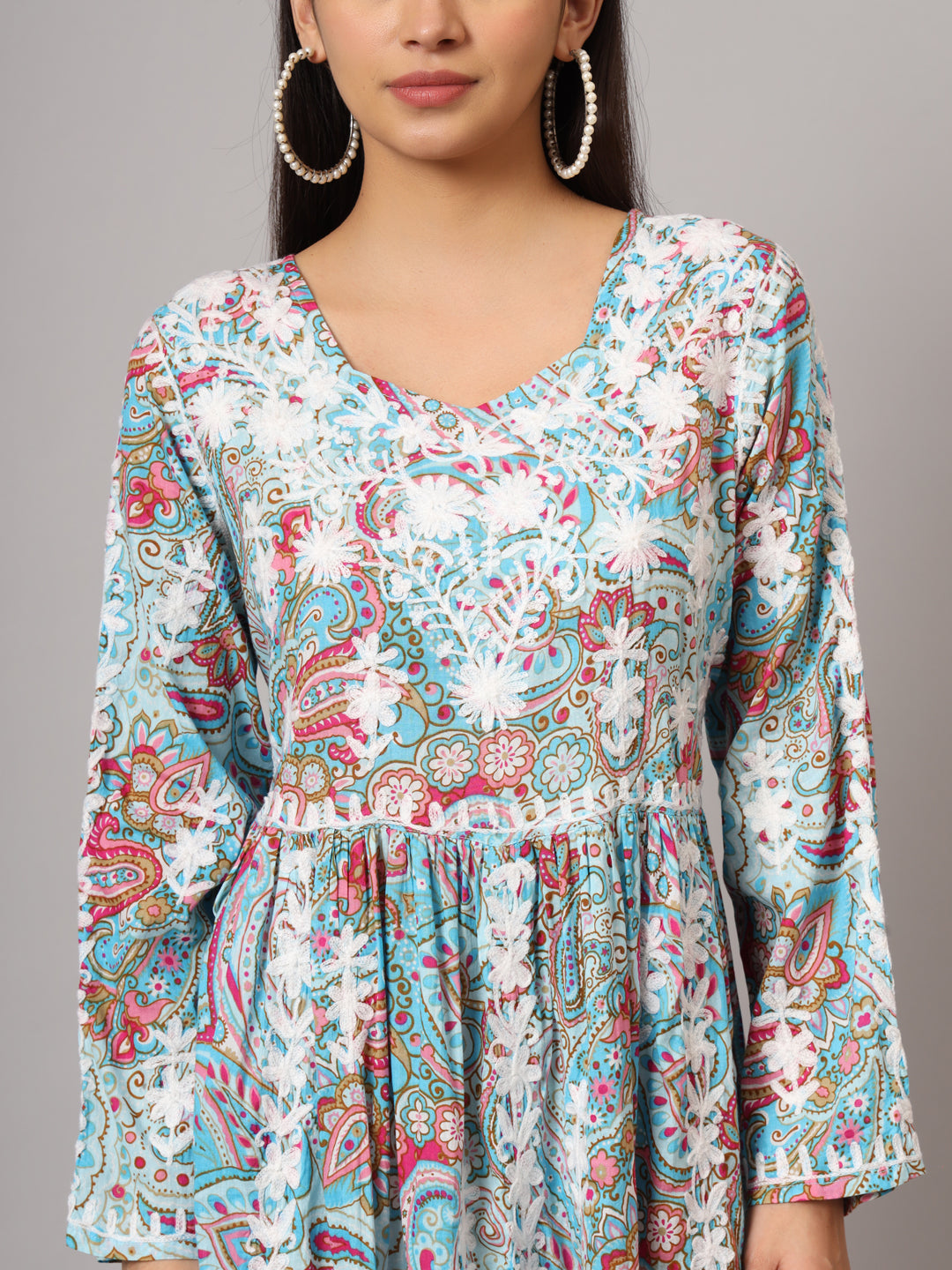 Hand Embroidered Lucknowi Chikankari  Printed Mulmul Cotton Jalabiya-AL3936 Blue & Pink