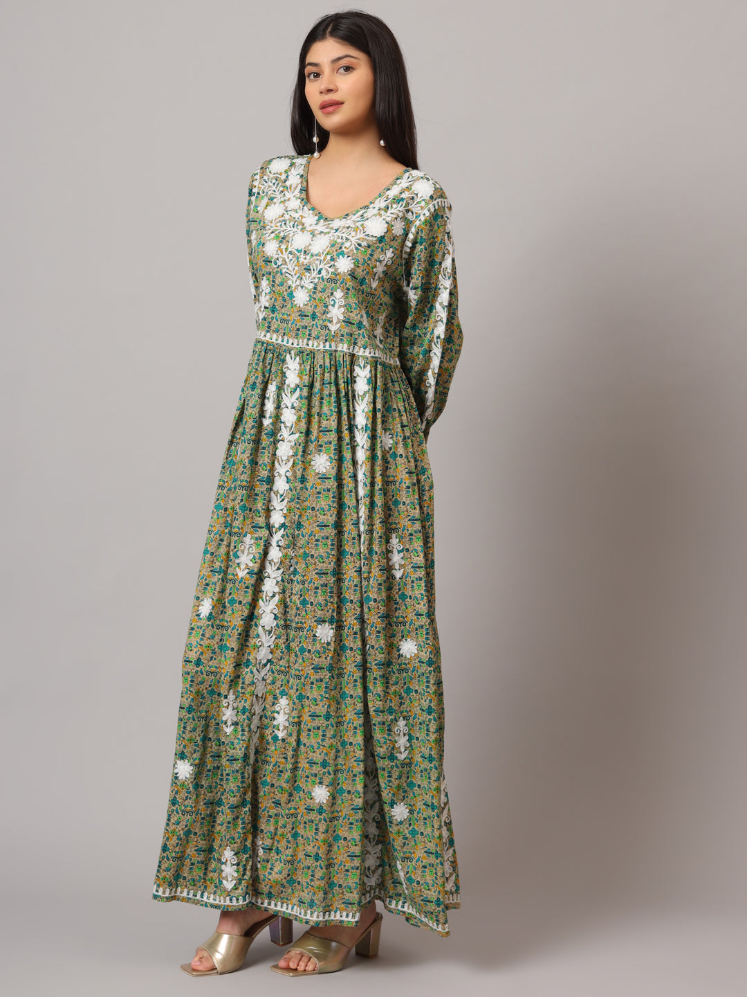 Hand Embroidered Lucknowi Chikankari  Printed Mulmul Cotton Jalabiya-AL3936 Green & Aqua