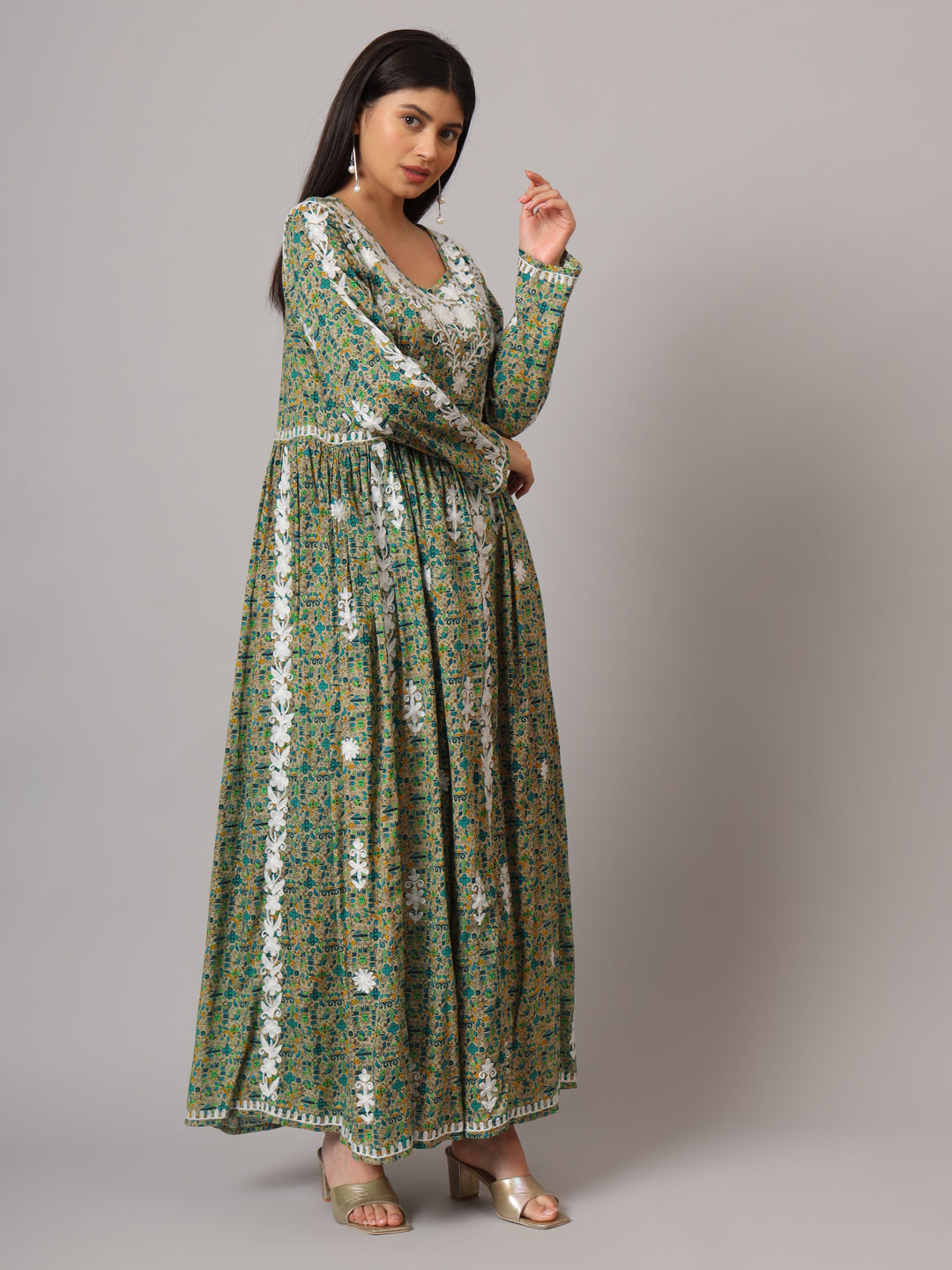 Hand Embroidered Lucknowi Chikankari  Printed Mulmul Cotton Jalabiya-AL3936 Green & Aqua