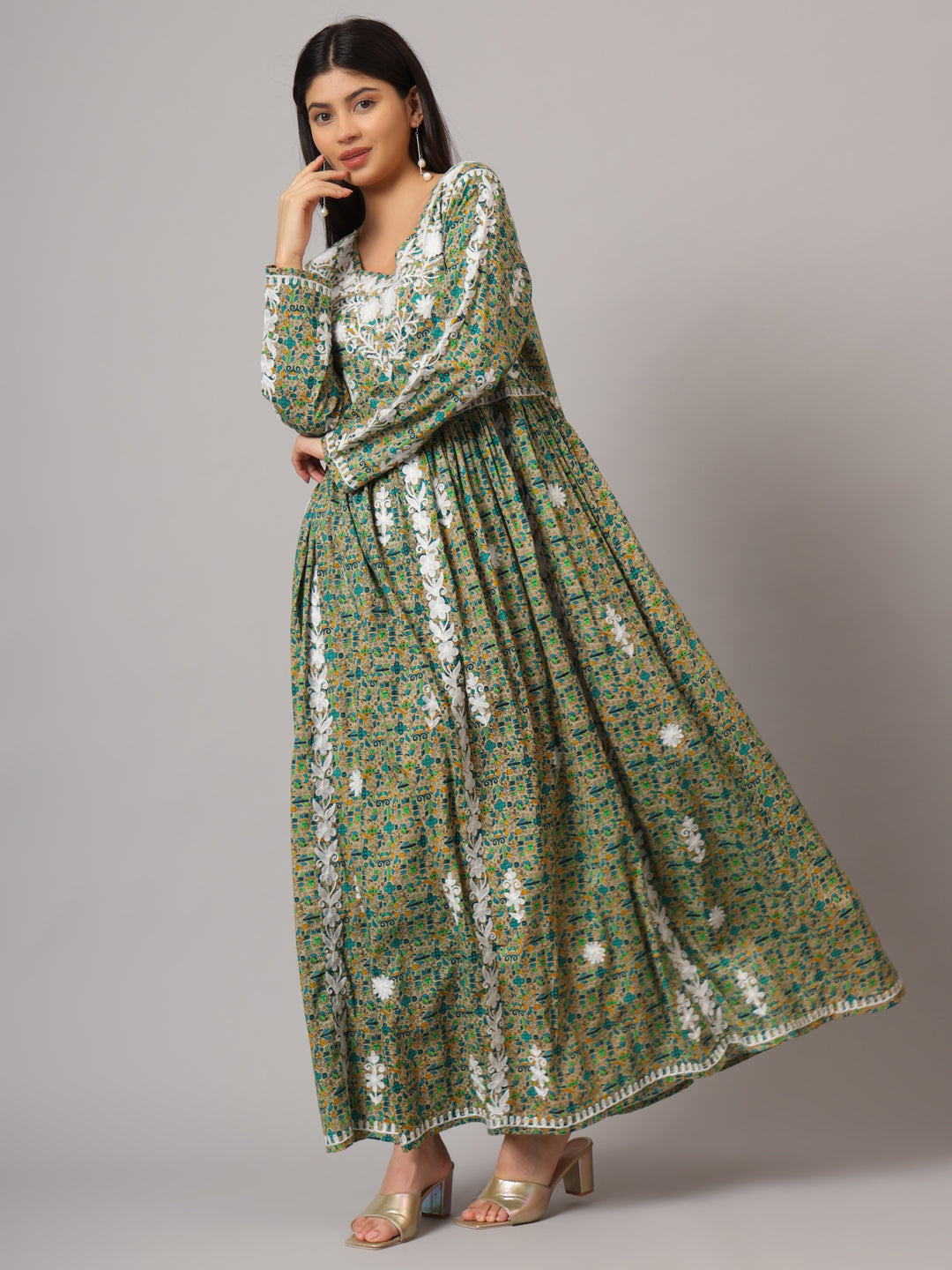Hand Embroidered Lucknowi Chikankari  Printed Mulmul Cotton Jalabiya-AL3936 Green & Aqua