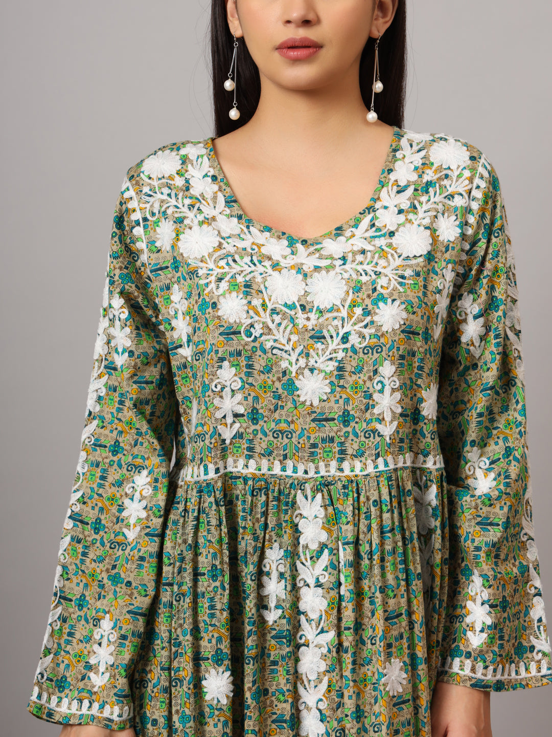 Hand Embroidered Lucknowi Chikankari  Printed Mulmul Cotton Jalabiya-AL3936 Green & Aqua