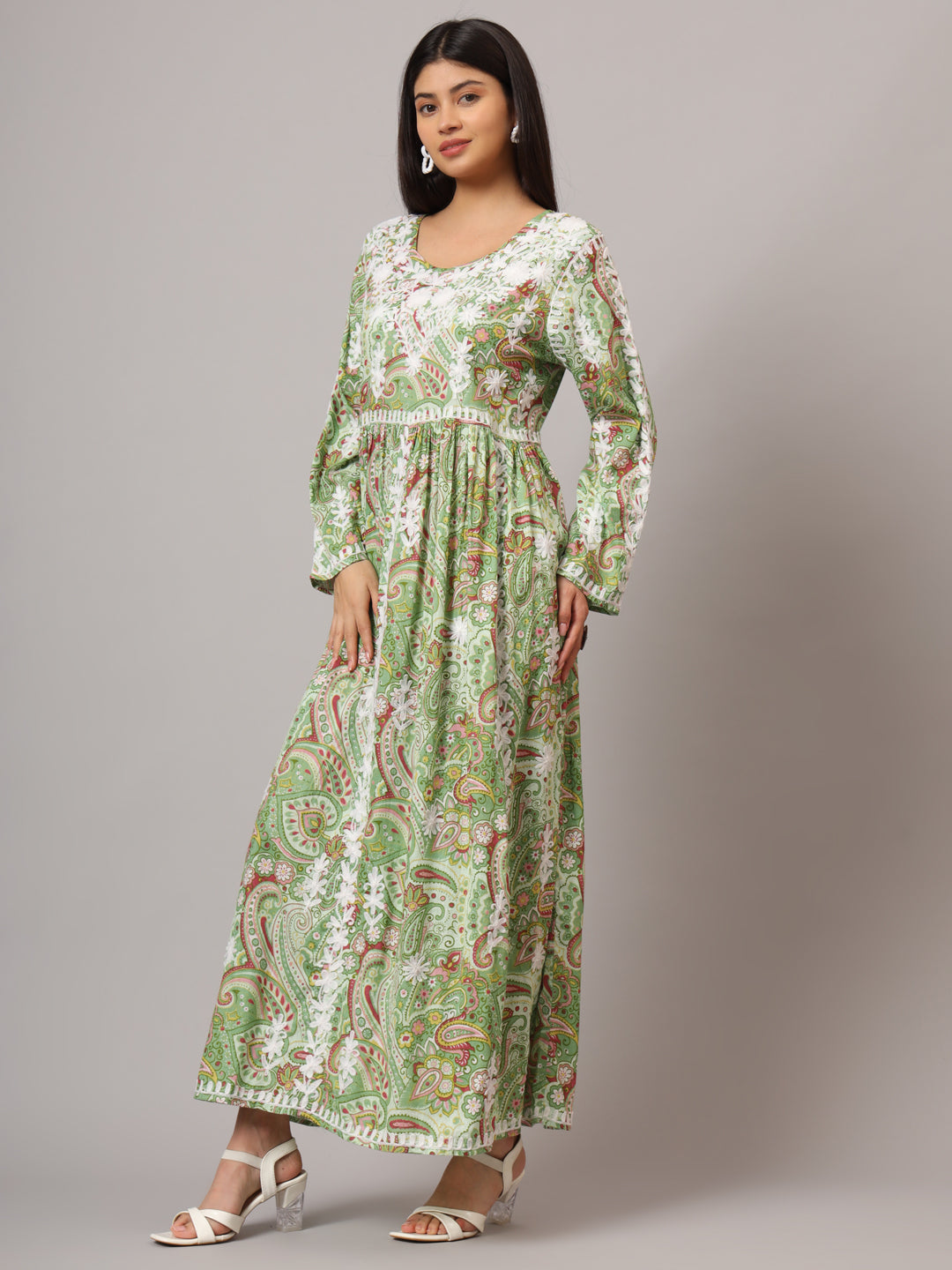 Hand Embroidered Lucknowi Chikankari  Printed Mulmul Cotton Jalabiya-AL3936 Green & Maroon