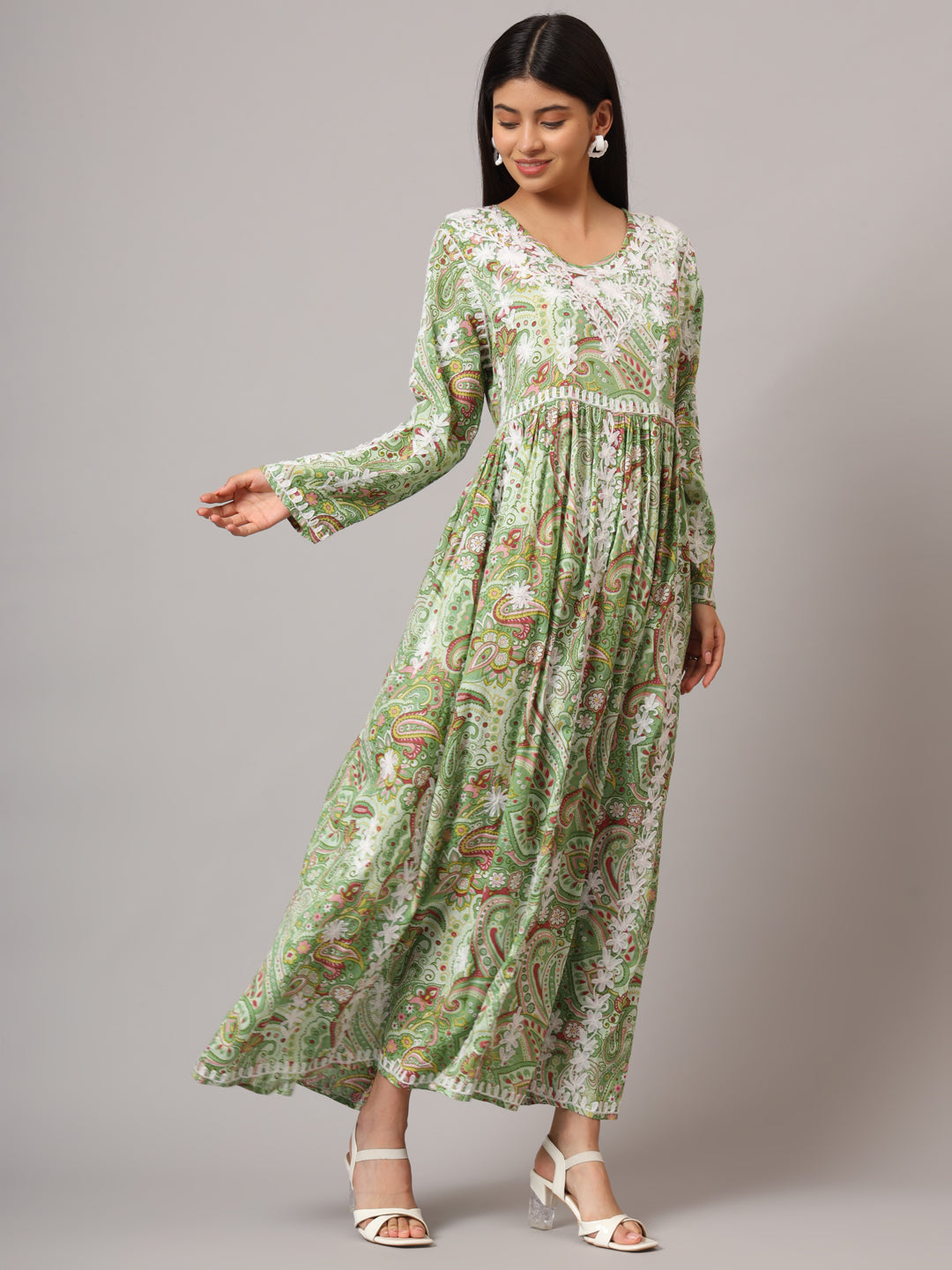 Hand Embroidered Lucknowi Chikankari  Printed Mulmul Cotton Jalabiya-AL3936 Green & Maroon