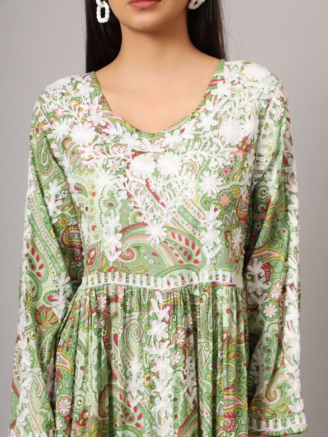 Hand Embroidered Lucknowi Chikankari  Printed Mulmul Cotton Jalabiya-AL3936 Green & Maroon