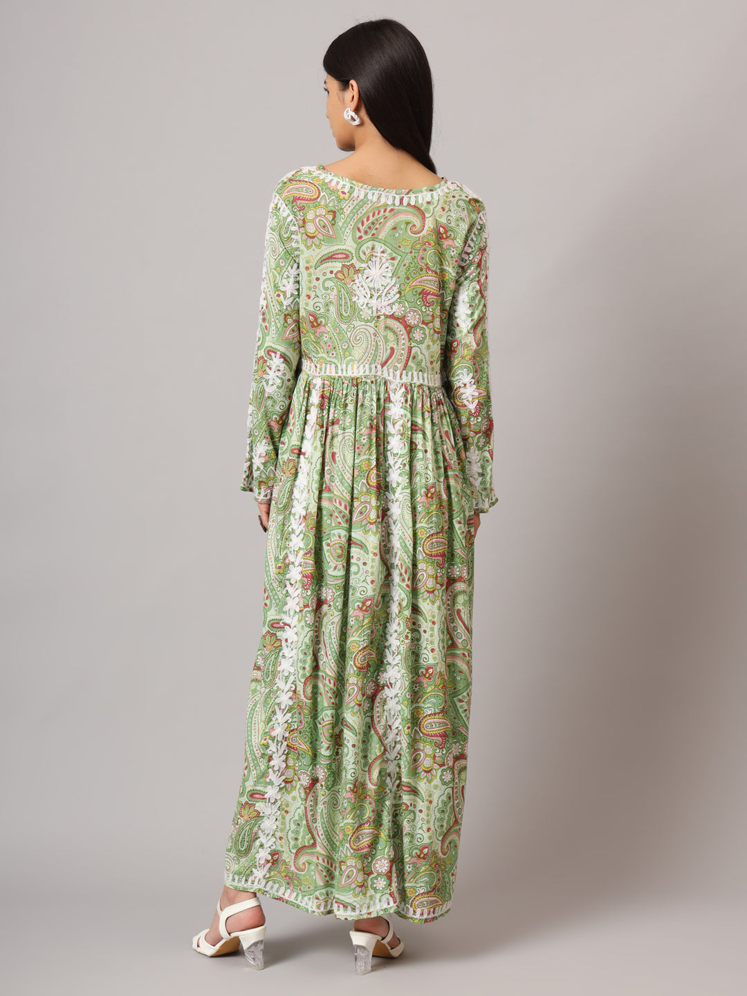 Hand Embroidered Lucknowi Chikankari  Printed Mulmul Cotton Jalabiya-AL3936 Green & Maroon