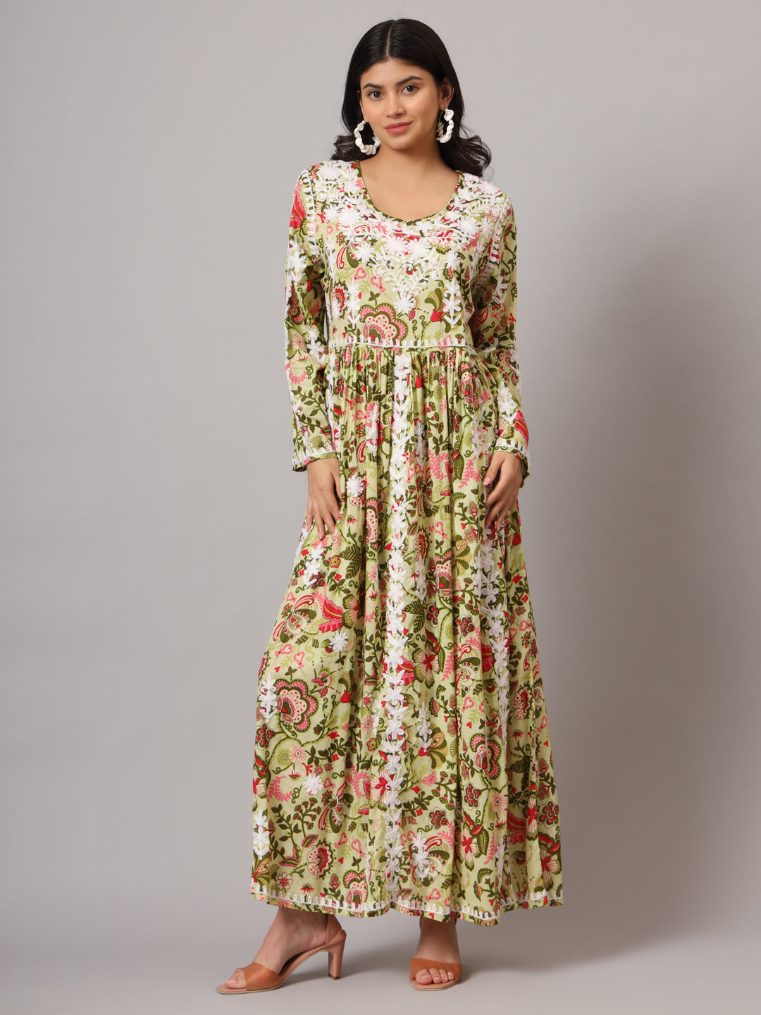 Hand Embroidered Lucknowi Chikankari  Printed Mulmul Cotton Jalabiya-AL3936 Green & Pink