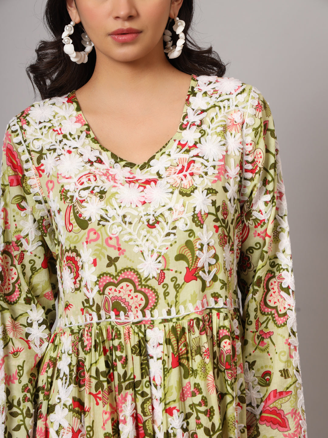 Hand Embroidered Lucknowi Chikankari  Printed Mulmul Cotton Jalabiya-AL3936 Green & Pink