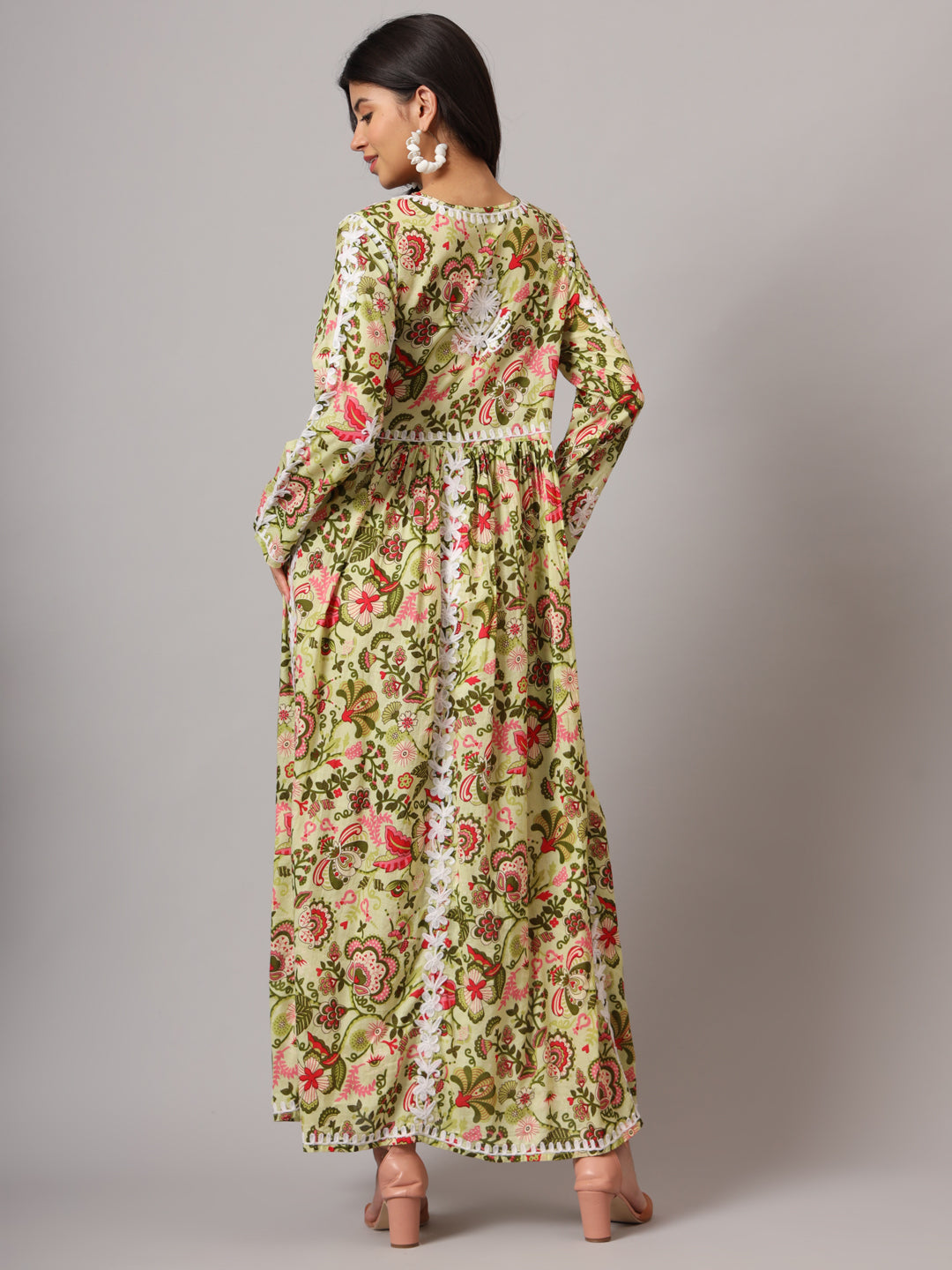 Hand Embroidered Lucknowi Chikankari  Printed Mulmul Cotton Jalabiya-AL3936 Green & Pink