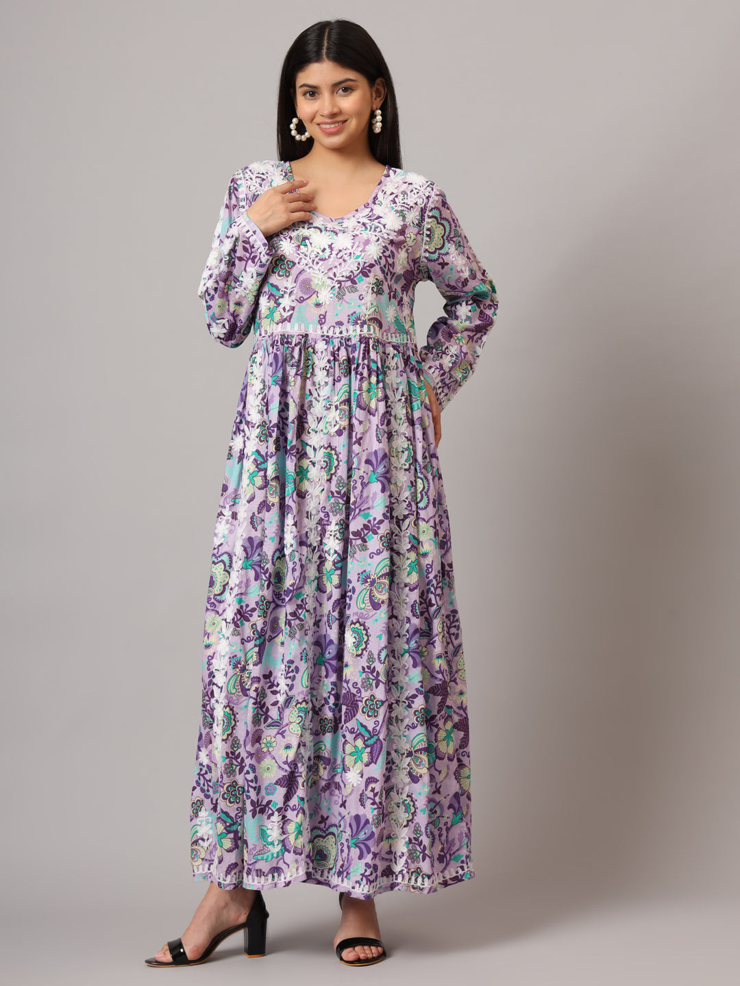 Hand Embroidered Lucknowi Chikankari  Printed Mulmul Cotton Jalabiya-AL3936 Mauve & Blue
