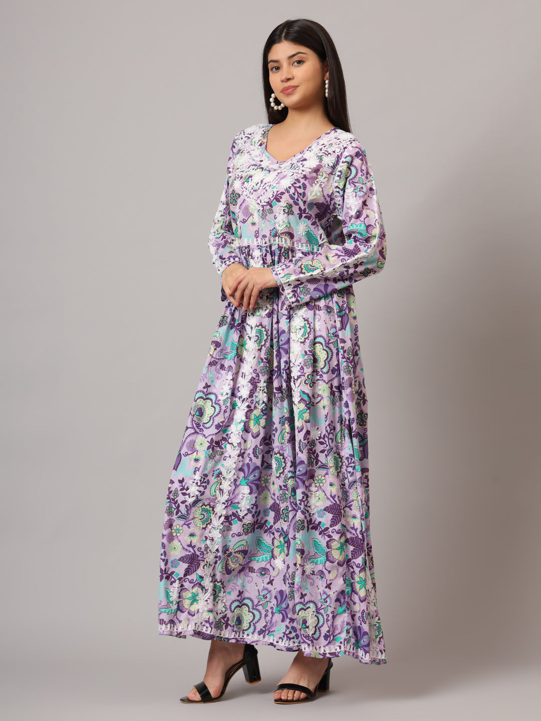 Hand Embroidered Lucknowi Chikankari  Printed Mulmul Cotton Jalabiya-AL3936 Mauve & Blue