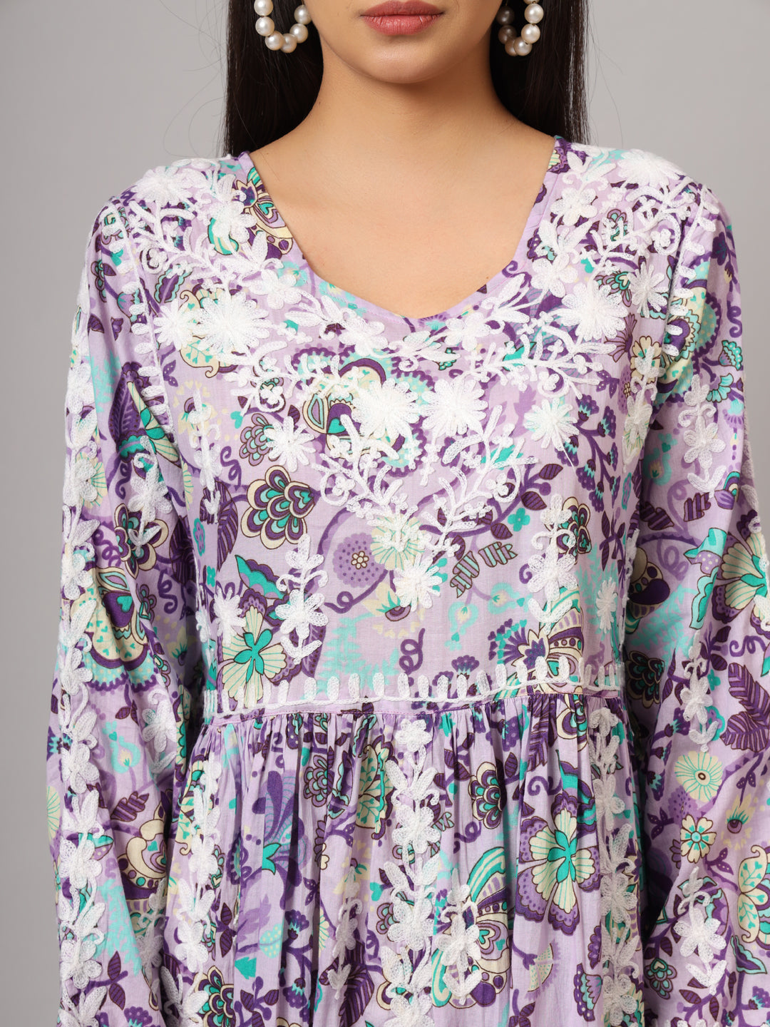Hand Embroidered Lucknowi Chikankari  Printed Mulmul Cotton Jalabiya-AL3936 Mauve & Blue
