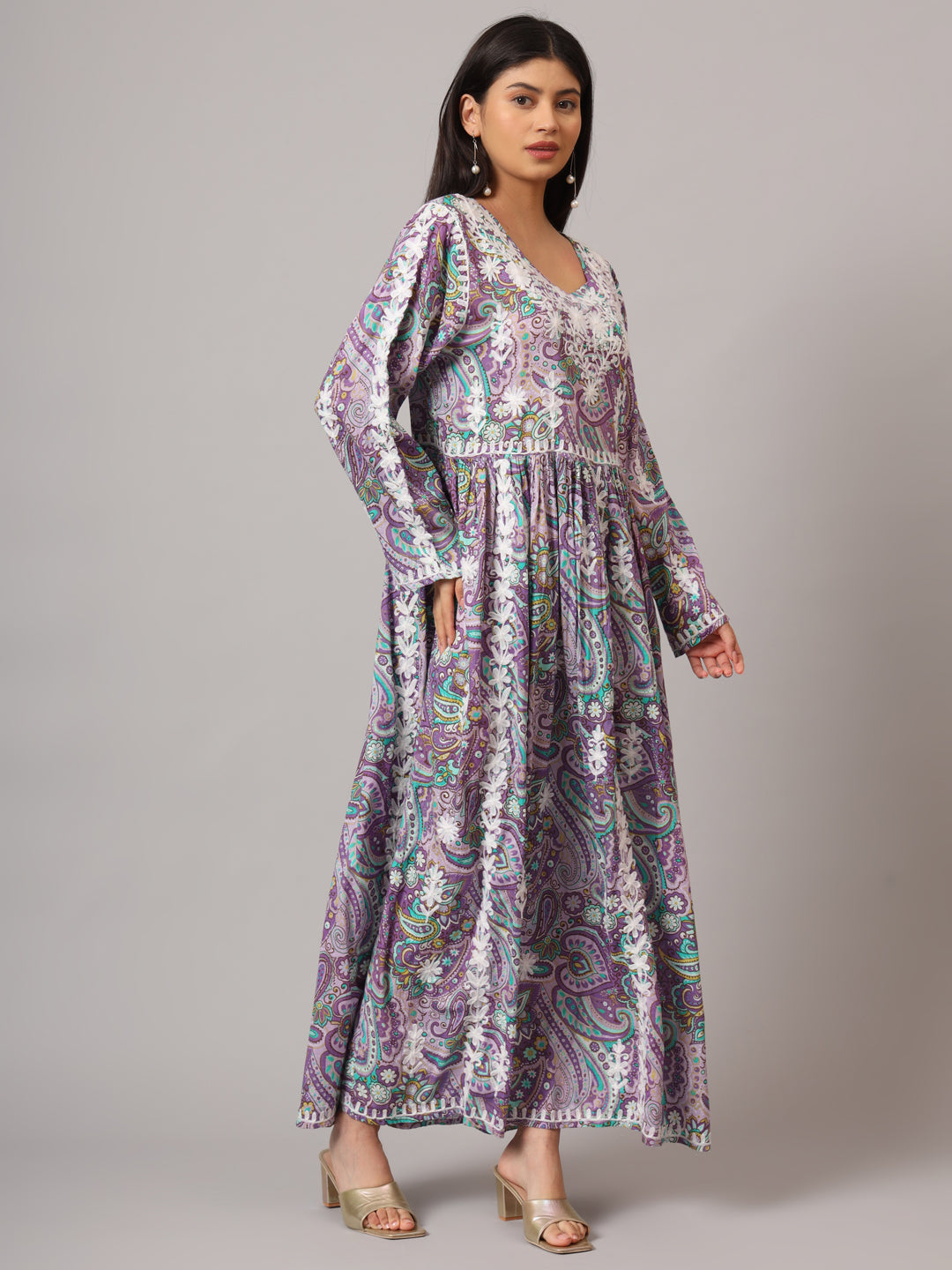 Hand Embroidered Lucknowi Chikankari  Printed Mulmul Cotton Jalabiya-AL3936 Mauve & White