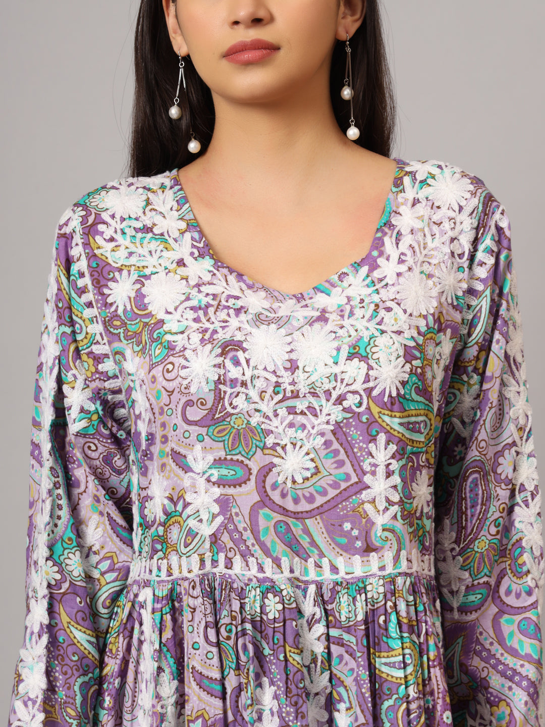 Hand Embroidered Lucknowi Chikankari  Printed Mulmul Cotton Jalabiya-AL3936 Mauve & White