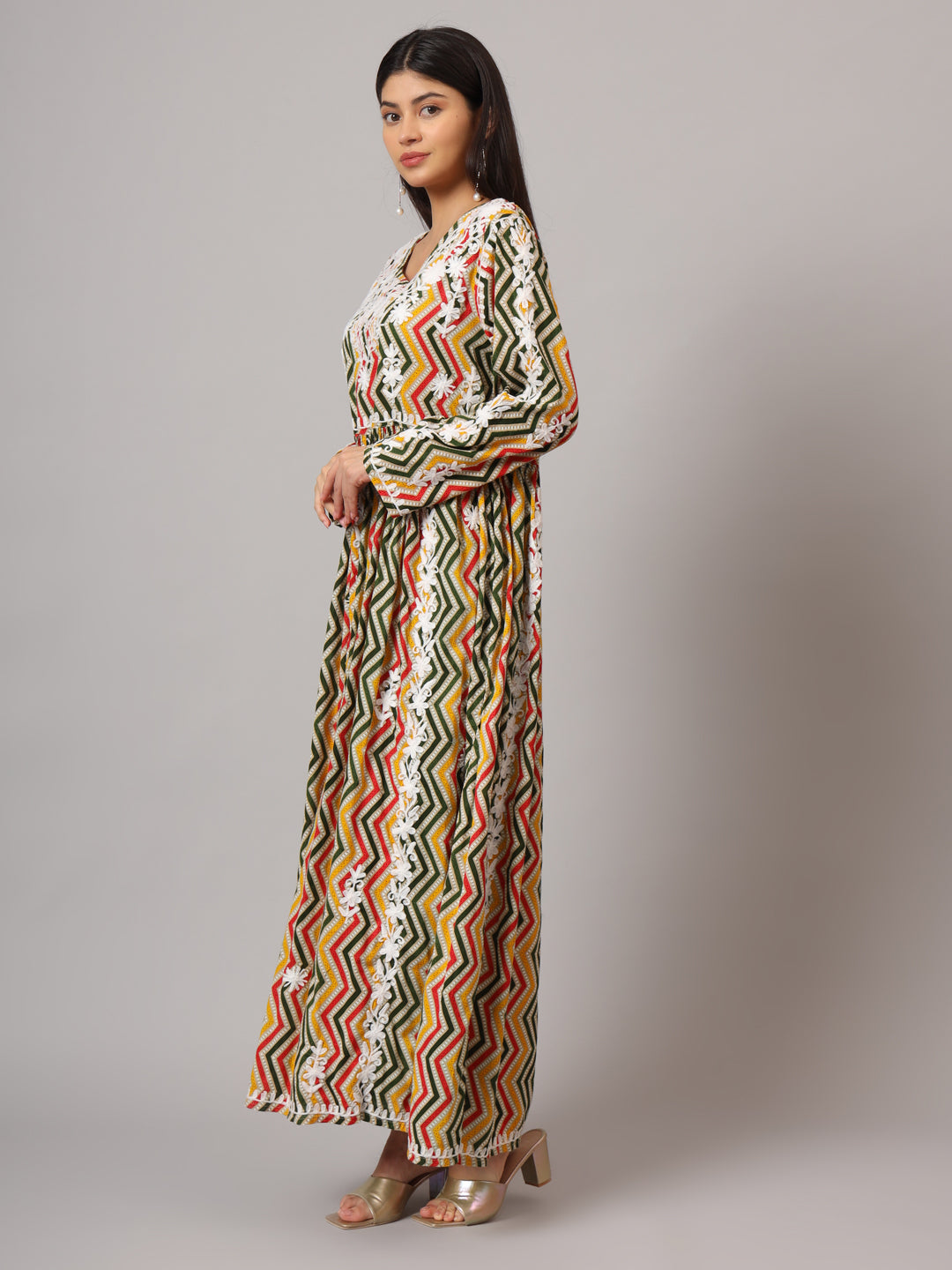 Hand Embroidered Lucknowi Chikankari  Printed Mulmul Cotton Jalabiya-AL3936 Yellow & Green