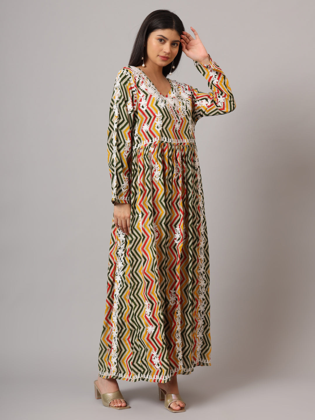 Hand Embroidered Lucknowi Chikankari  Printed Mulmul Cotton Jalabiya-AL3936 Yellow & Green