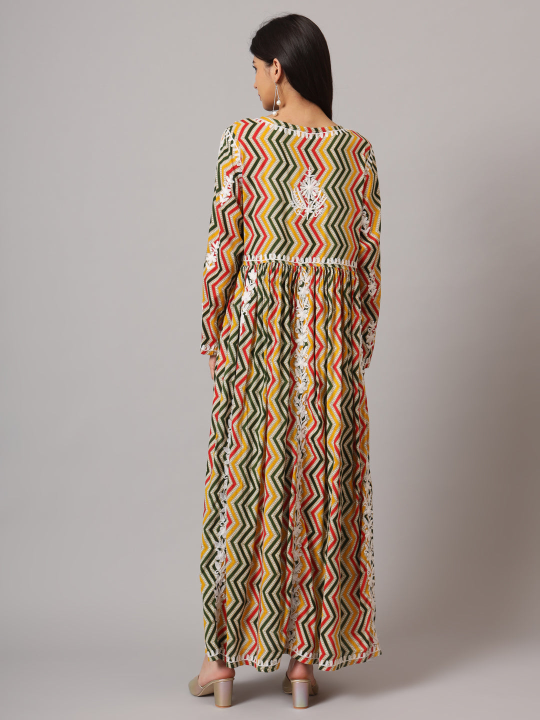 Hand Embroidered Lucknowi Chikankari  Printed Mulmul Cotton Jalabiya-AL3936 Yellow & Green